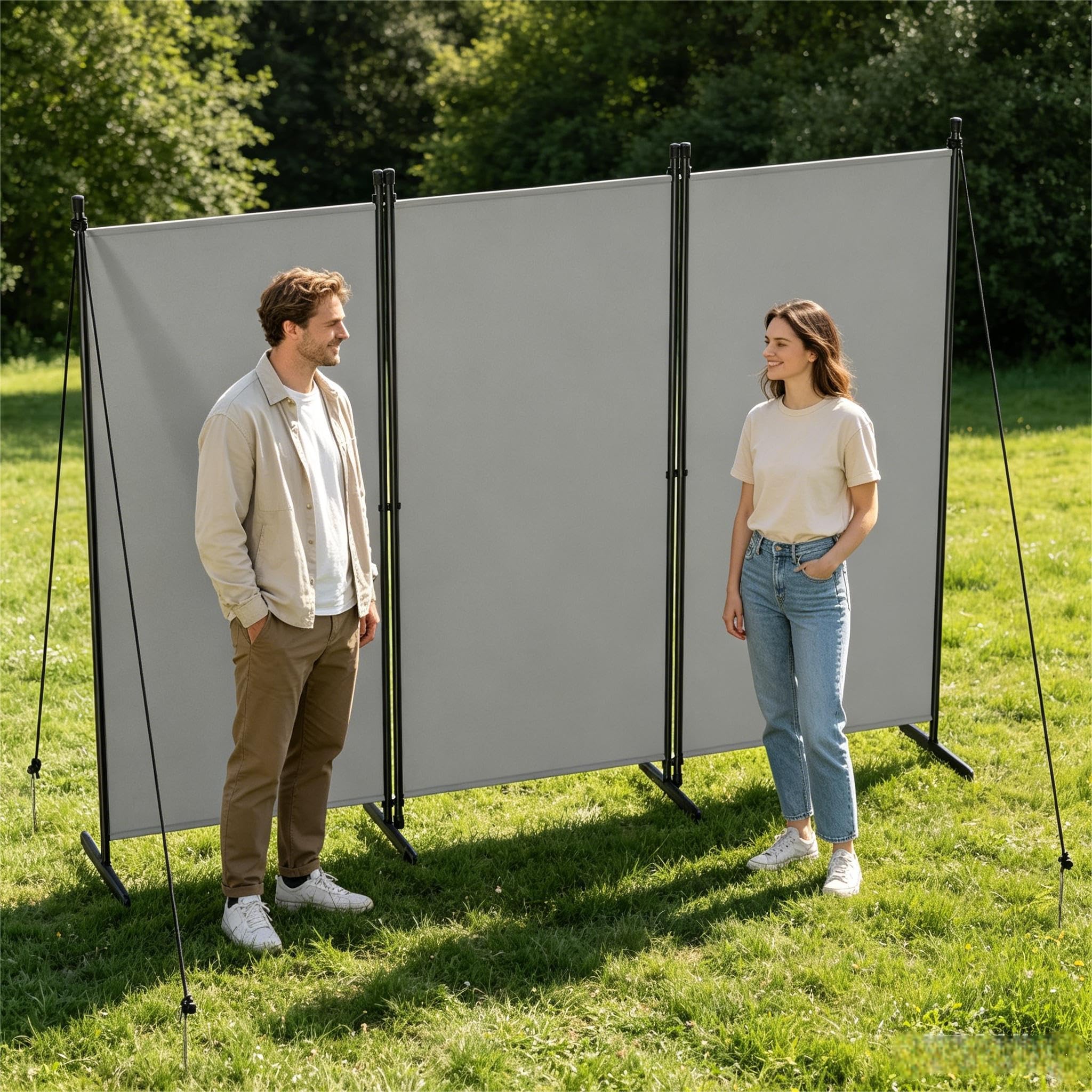 UISEBRT 240 x 180 cm Paravent Outdoor wetterfest mit Heringen und Abspannleinen,Klappbar Freistehend Trennwand ohne Bohren,mobiler sichtschutz für Garten Balkon terrasse,3 Teilig Hellgrau