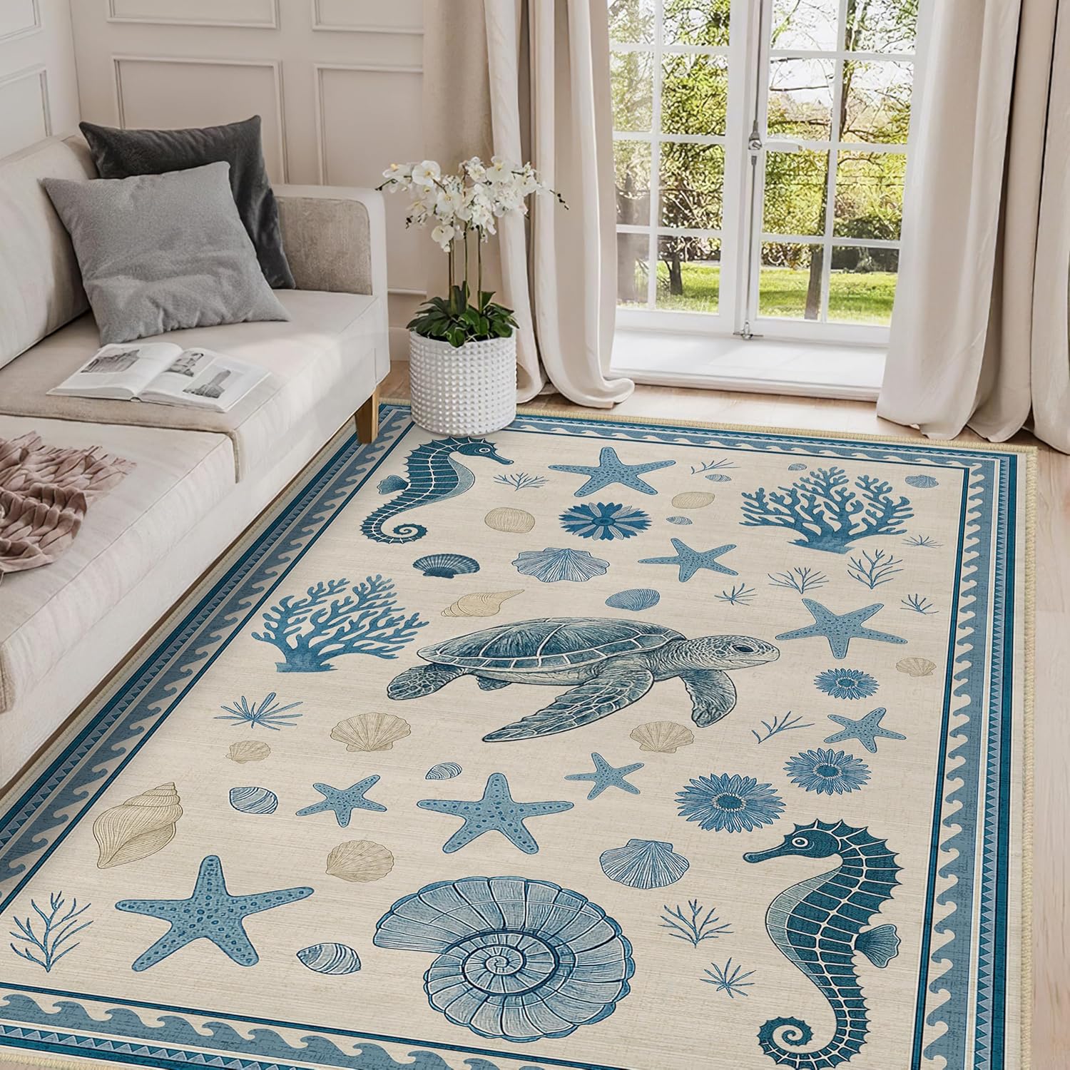 Coastal Nautical Area Rug 4x6 for Living Room Sea Turtle Starfish Seashell Coral Rug Machine Washable Rugs Non Slip Low Pile Indoor Floor Carpet for Bedroom Dining Room Laundry Kitchen,Blue