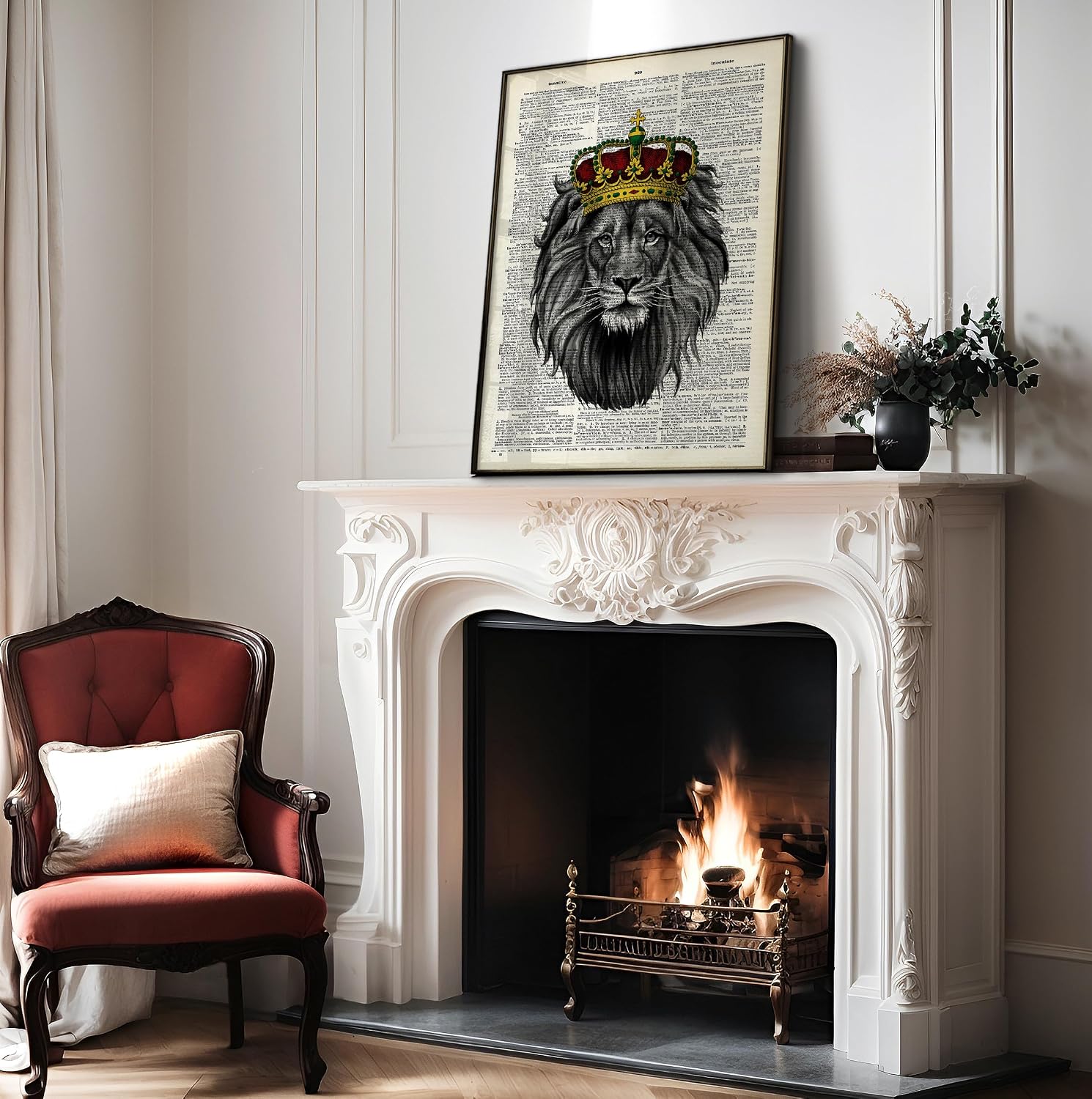 Poster Master Crowned Lion Print - Dictionary Poster - Whimsical Art - Gift for Men, Women & Animal Lover - Chic Decor for Bedroom, Living Room & Kid's Room - 8x10 UNFRAMED Wall Art