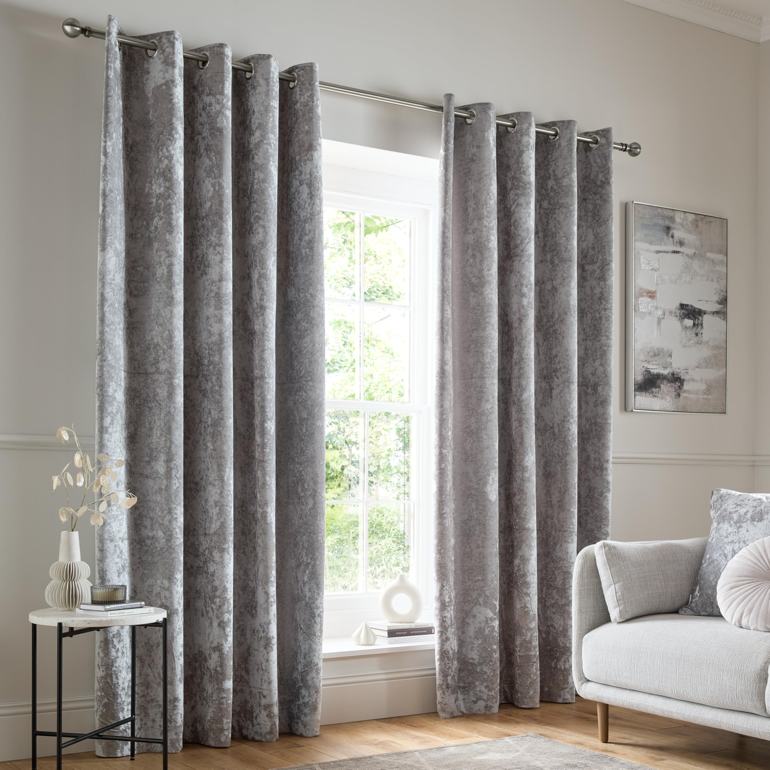 Catherine Lansfield Crushed Velvet 66x54 Inch Lined Eyelet Curtains Two Panels Silver Grey