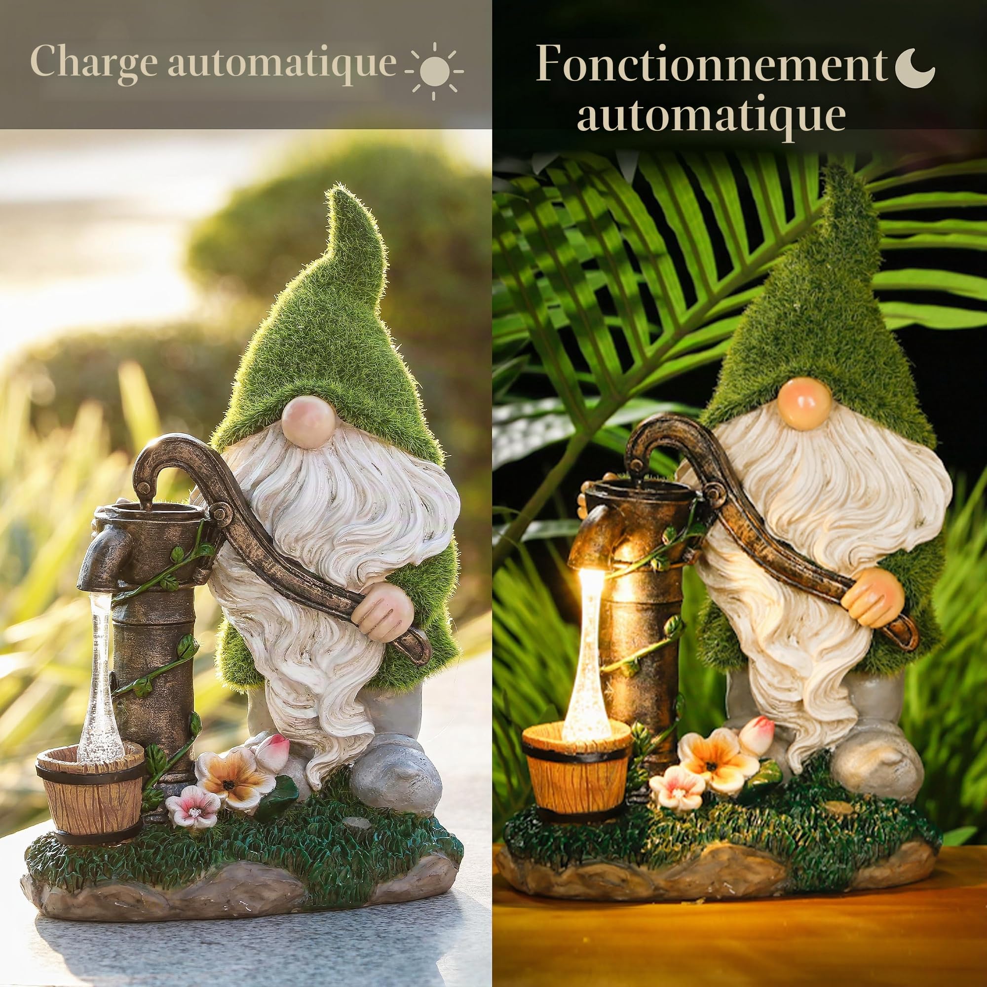 TERESA'S COLLECTIONS Décorations de Jardin Extérieur, Adorables Lutins Verts Pompant l'Eau avec Lumières Solaires, Gnomes en Résine Imperméables, Décorations de Jardin, Cadeaux, Intérieur Extérieur