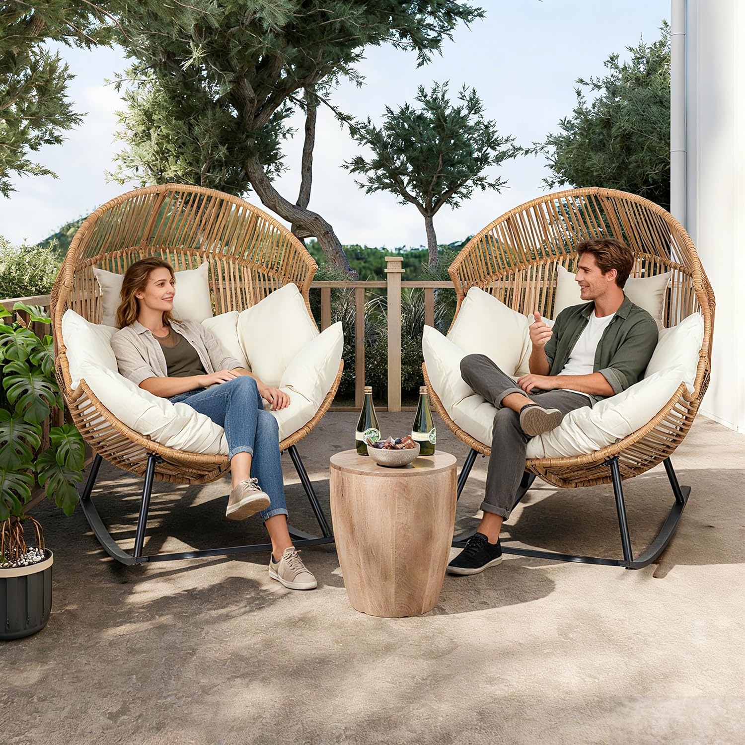 Shintenchi Egg Chair Outdoor, Oversized Outdoor Indoor Wicker Rocking Chair, Large PE Rattan Egg Rocking Chair with Cushion for Patio, Balcony, Backyard, Garden, Beige
