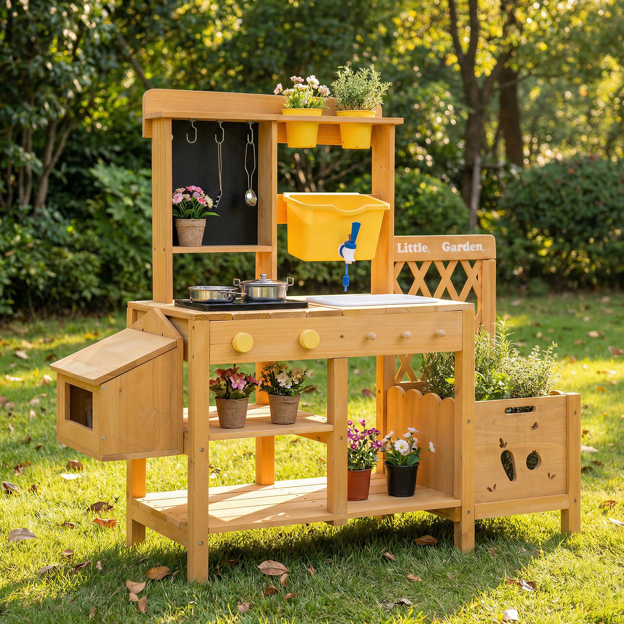 Wooden Mud Kitchen for Kids with Running Water Sink, Outdoor Play Kitchen
