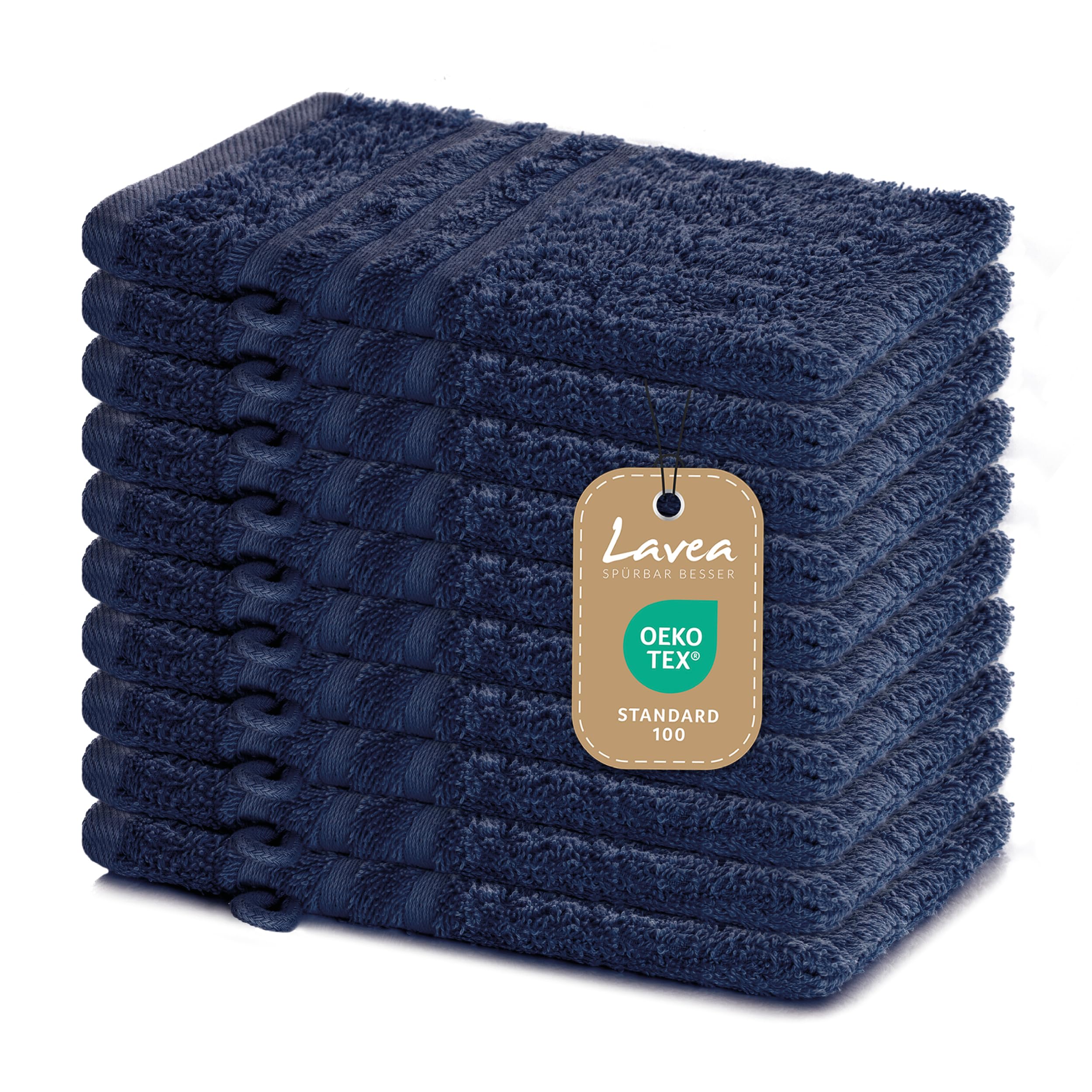 Lavea 10-piece Wash Mitt Set Elena, 10 Pieces, 100% Cotton, Terry Cloth, Washcloth, Highly Absorbent, Soft, for Body and Face, Washable at 60 °C, Dryer Safe, Navy, 15 x 21 cm