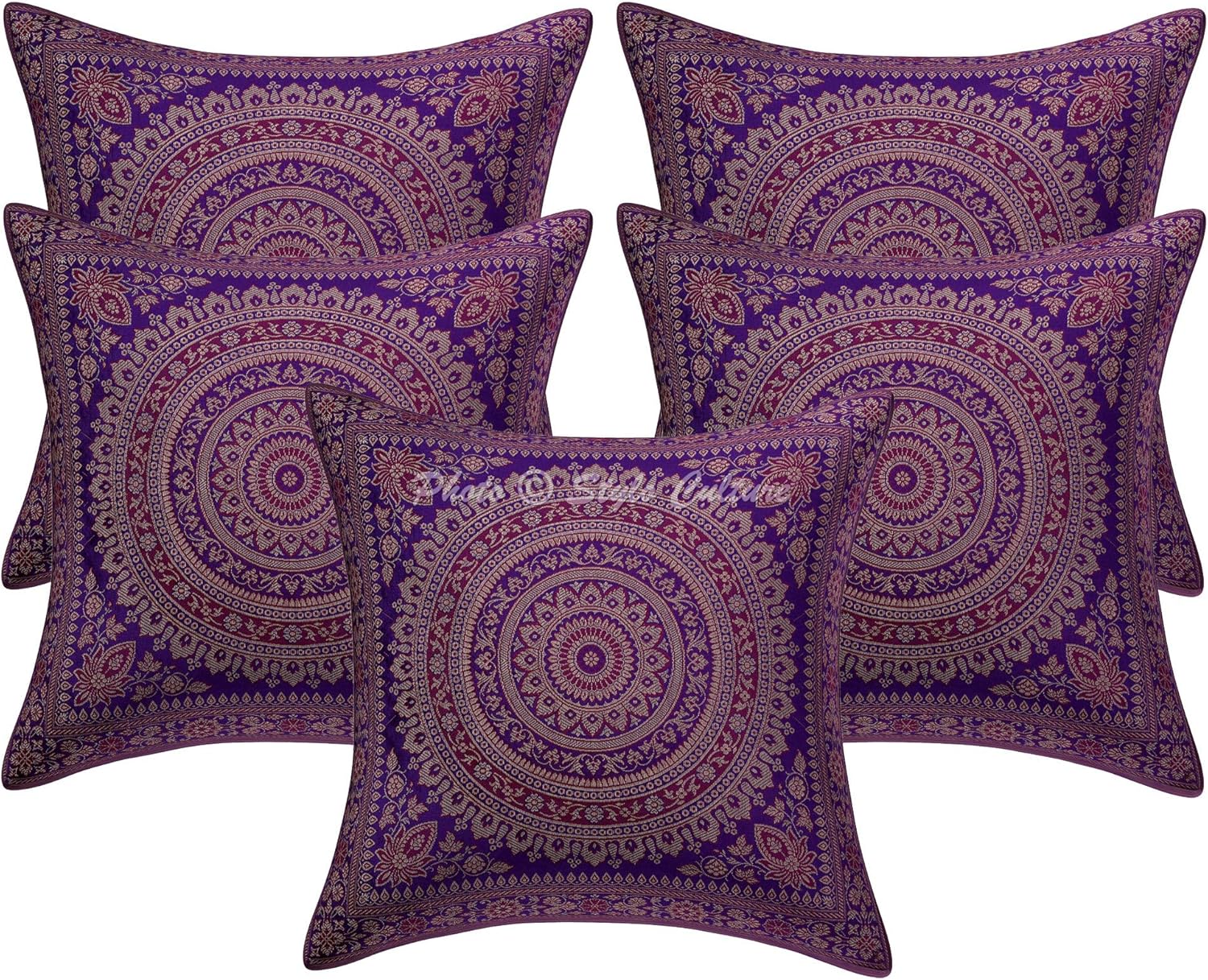 Bohemian Decorative Sofa Settee Accent Throw Pillow Covers 40x40 cm Brocade Bed Room Purple Mandala Jacquard Square Luxury Zippered Indian 16x16 Inch Cushion Covers - 5 Pcs