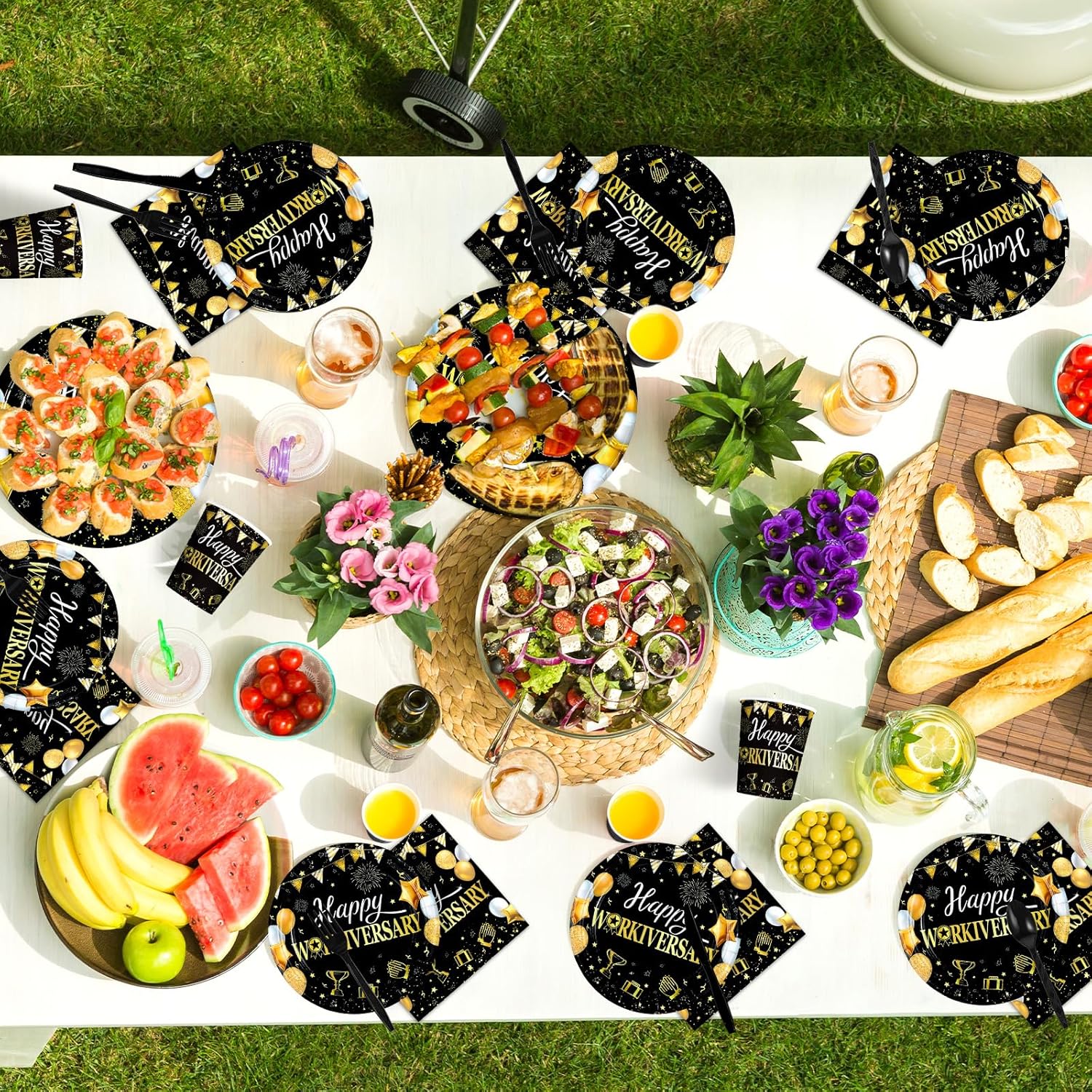 168Pcs Happy Workiversary Party Decorations for Men Women Black Gold Happy Work Anniversary Plates and Napkins Cups Forks Tableware Set for Worker Employee Appreciate Office Party Supplies Serves 24