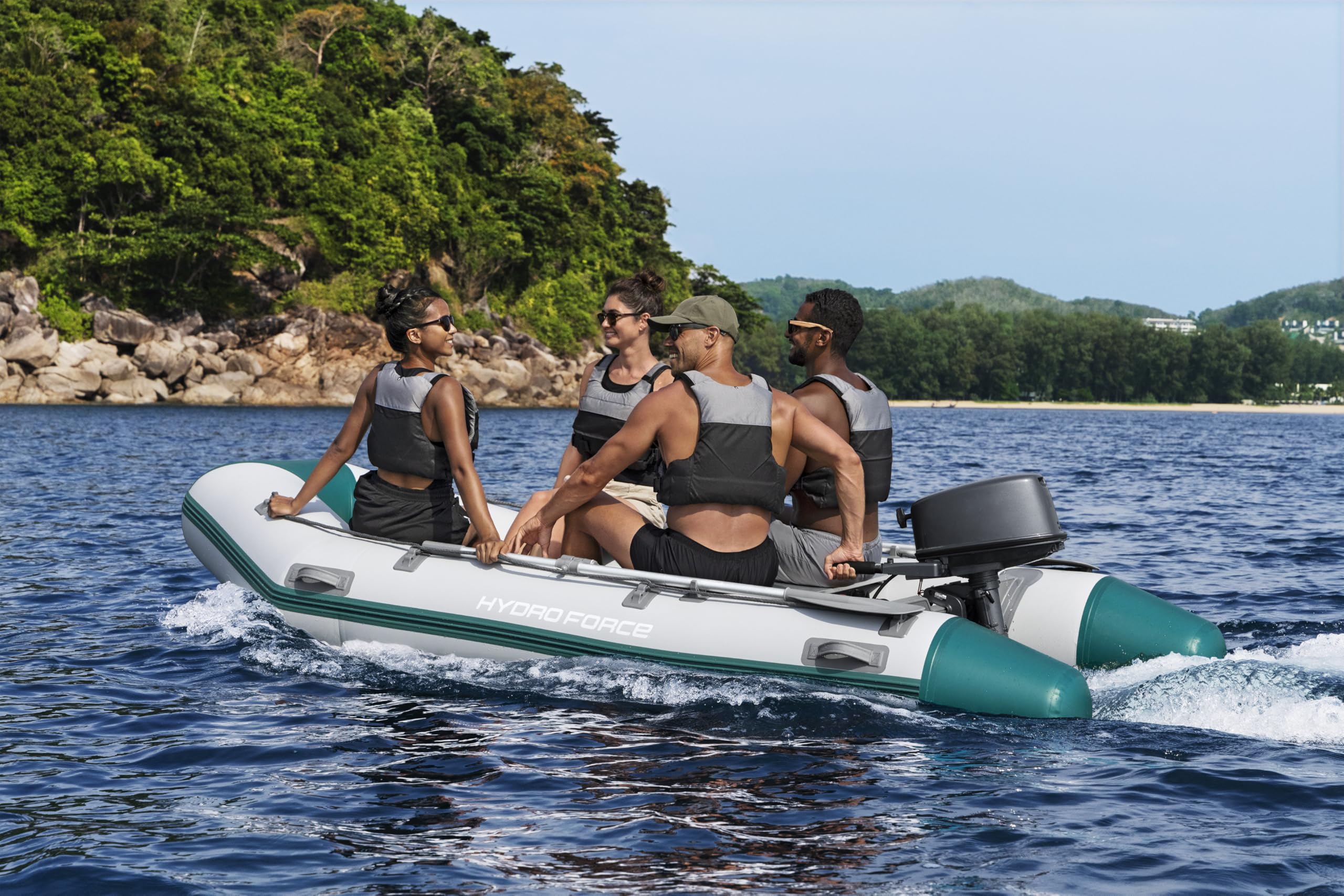 Bestway Hydro Force Sportboot Mirovia Pro, 330 x 162 x 44 cm, für 5 Personen, bis 640 kg, TriTech-Material, FortiFiber-Boden, Motorhalterung (bis 15 PS), TÜV Zertifiziert, inkl. Ruder, Pumpe, Tasche