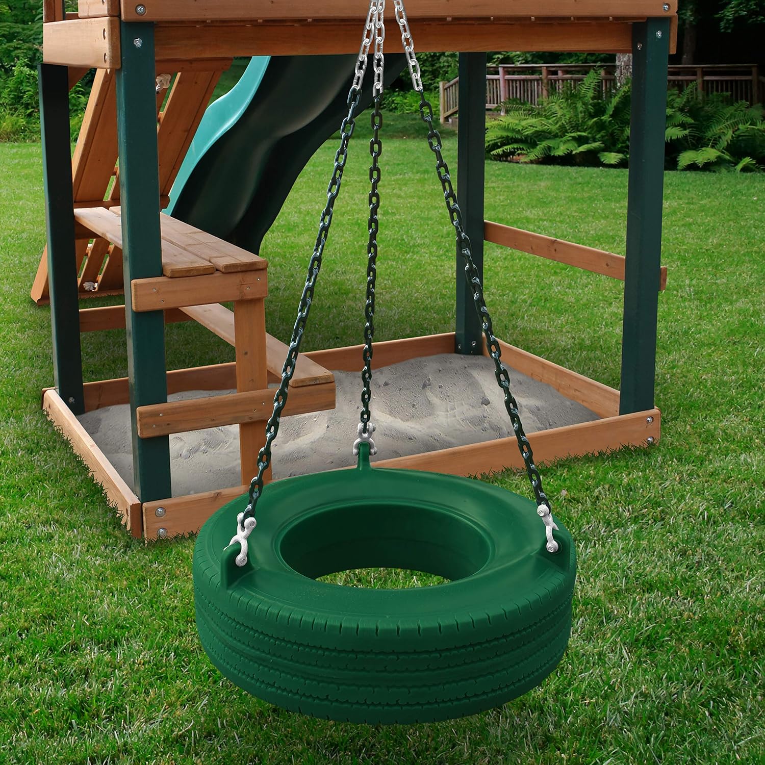Gorilla Playsets 04-0015-G/G 360° Turbo Tire Swing with Plastic Coated Chains, Spring Clips, and Swivel - Green