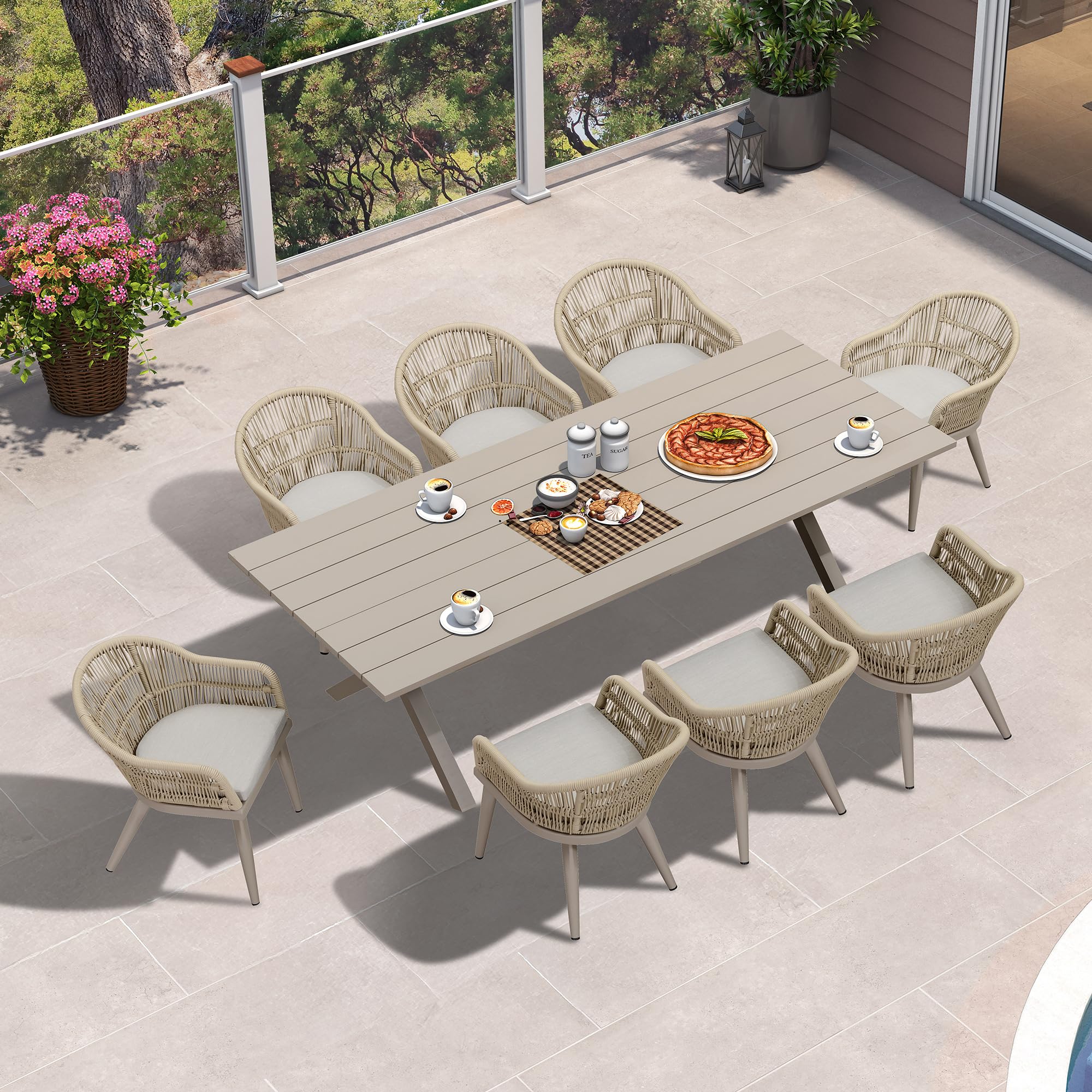 PURPLE LEAF 9 Pieces Patio Dining Set with Longer Table, Champagne