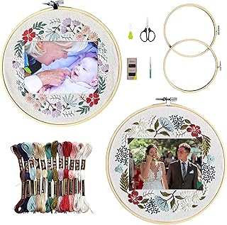 La glanese Embroidery Kit for Adults, Needlepoint Kit of 2 Floral Photo Frame Patterns for Anniversary Wedding, Beginners Friendly with Paper Guidelines and Tutorial Videos