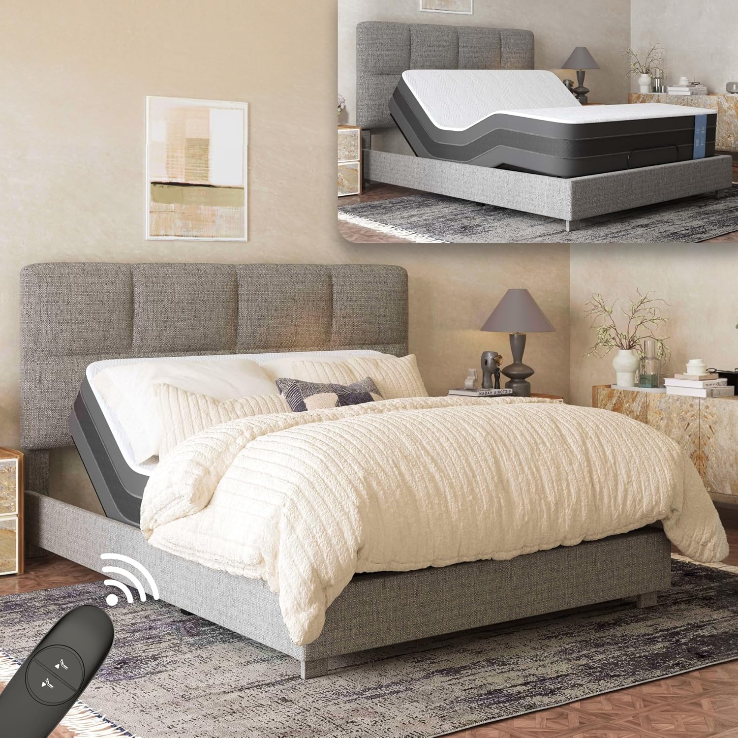 FLEXISPOT All-in-One Adjustable Bed, Queen–Modern Minimalist Design–Synchronized Head & Foot Lift for Reading, TV & Relaxation–Square Tufted Headboard–600 lbs–5Y Motor & 10Y Frame Warranty.