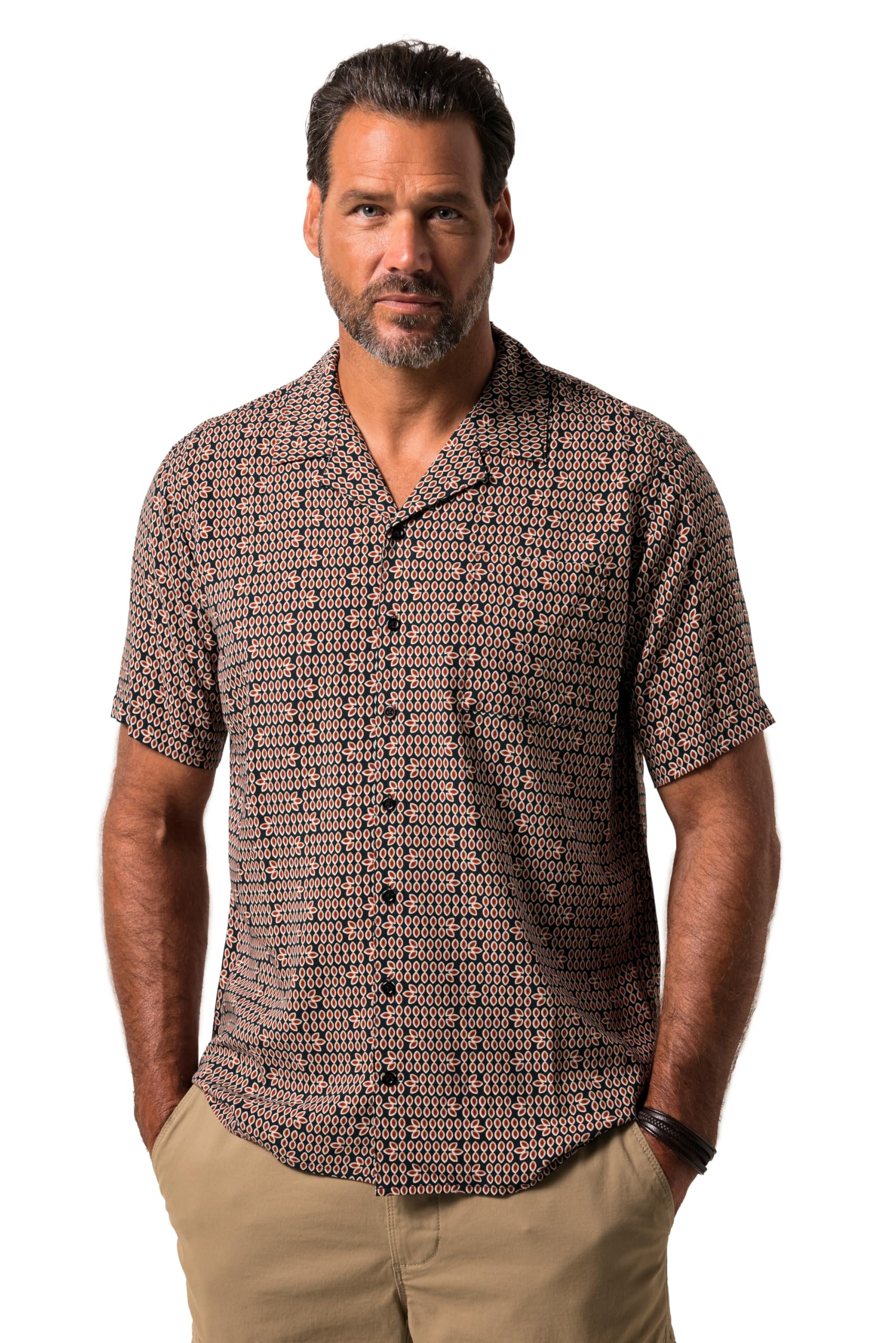 JP 1880 Herren große Größen Übergrößen Menswear L-8XL Viskose-Hemd, Halbarm, Cuba-Kragen, Alloverprint, Cuba-Fit 840076