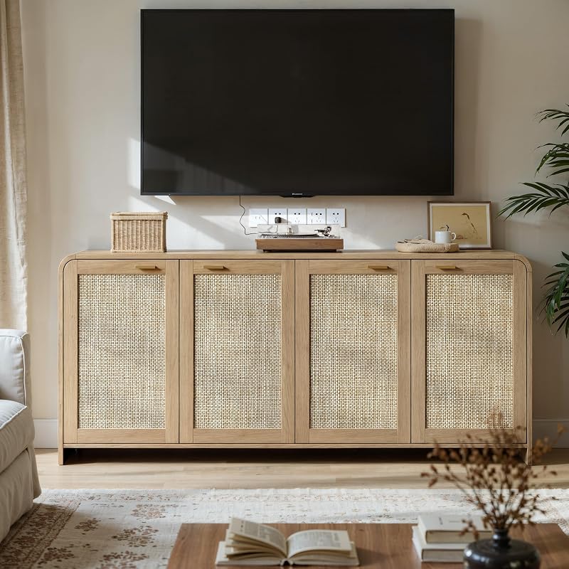 Evermagin 67" Rattan Sideboard Buffet Cabinet with Storage, Natural Oak image 6
