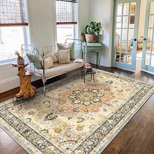 Miniatura 2 de Alfombra oriental lavable de 5 x 8 pies, alfombra suave para sala de estar, dormitorio, impermeable, floral, envejecida, resistente a las manchas,