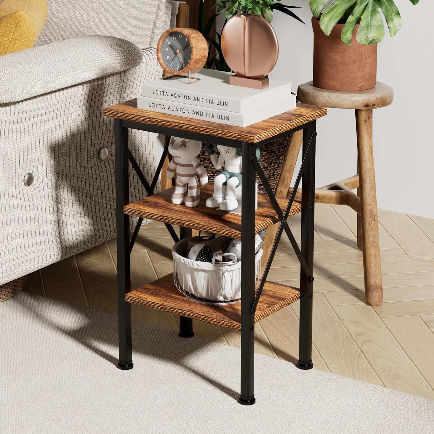 VECELO Modern Nightstands X-Design Side End Table Night Stand with Storage Shelf for Bedroom,Living Room,Set of 2 (Brown A2)