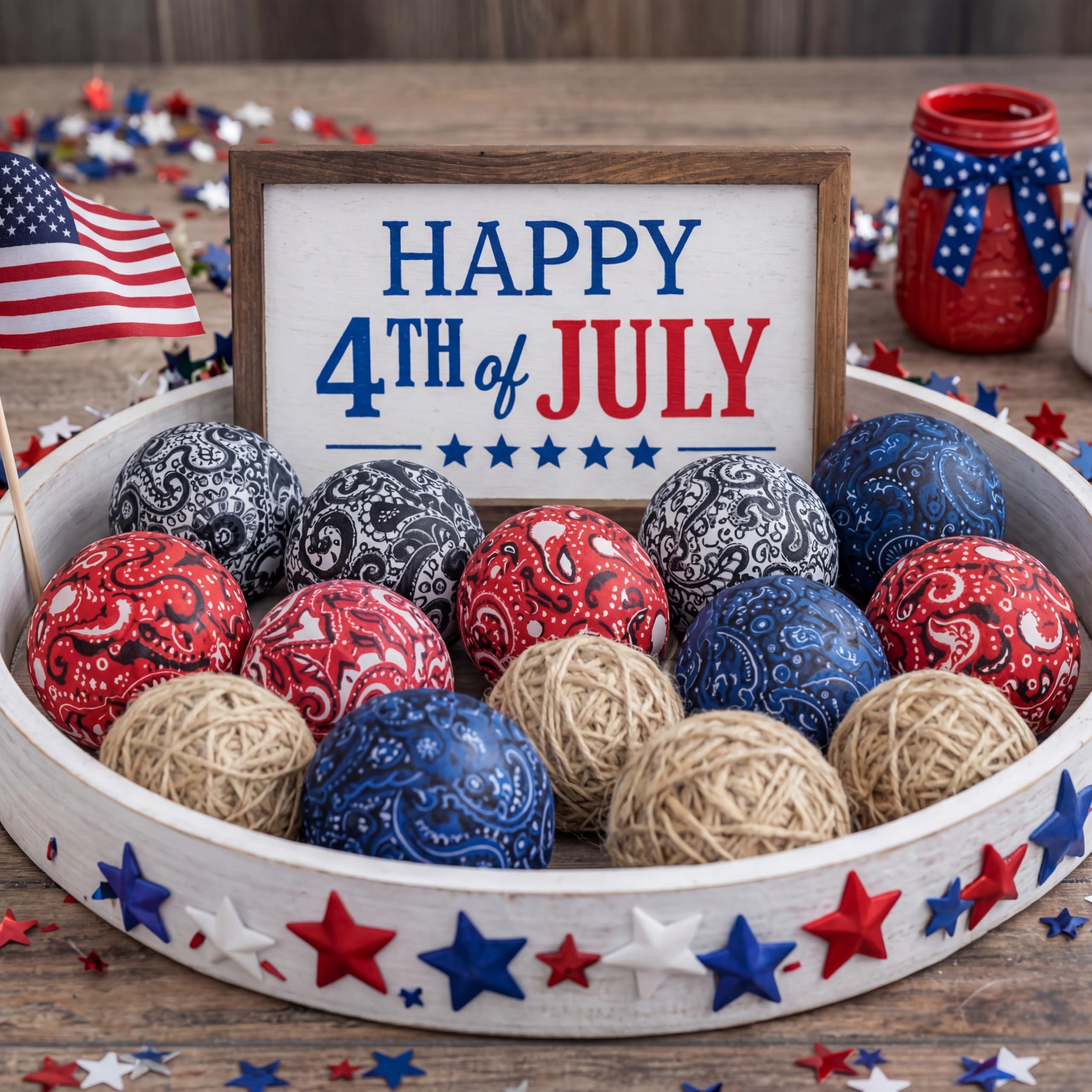 Photo 1 of Soulchen 12 Pcs Paisley Patriotic Decorative Balls 2.36 Inch Red White Blue Fabric Balls Bandana Ball for Vase Bowl Fillers Home Table Cowboy Western Party 250th Independence Day Decor