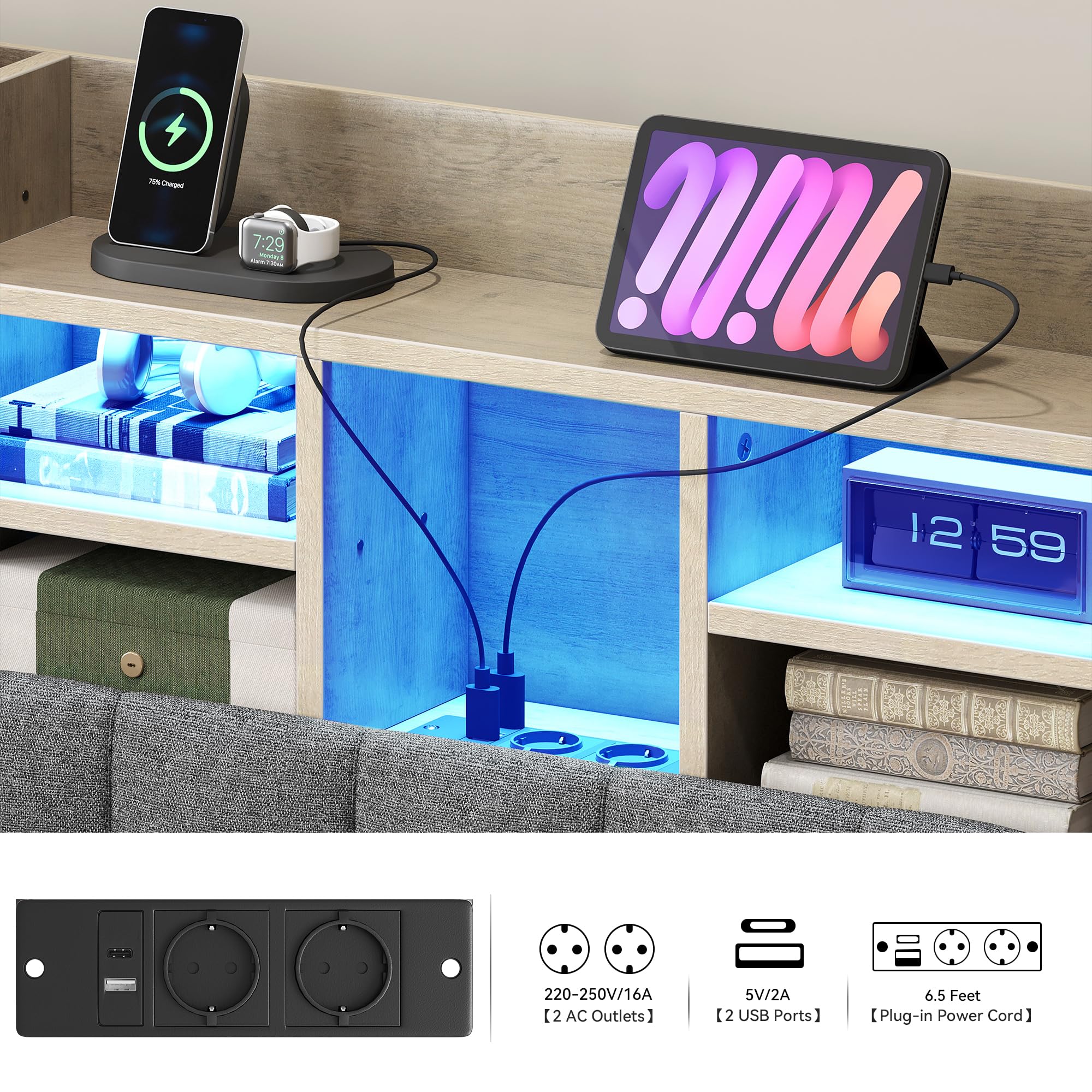 YITAHOME Telaio da letto a LED con testiera, illuminazione,stazione di ricarica USB, con testiera, design fluttuante, struttura in metallo, rivestimento in tessuto grigio, senza materasso, 120X200CM