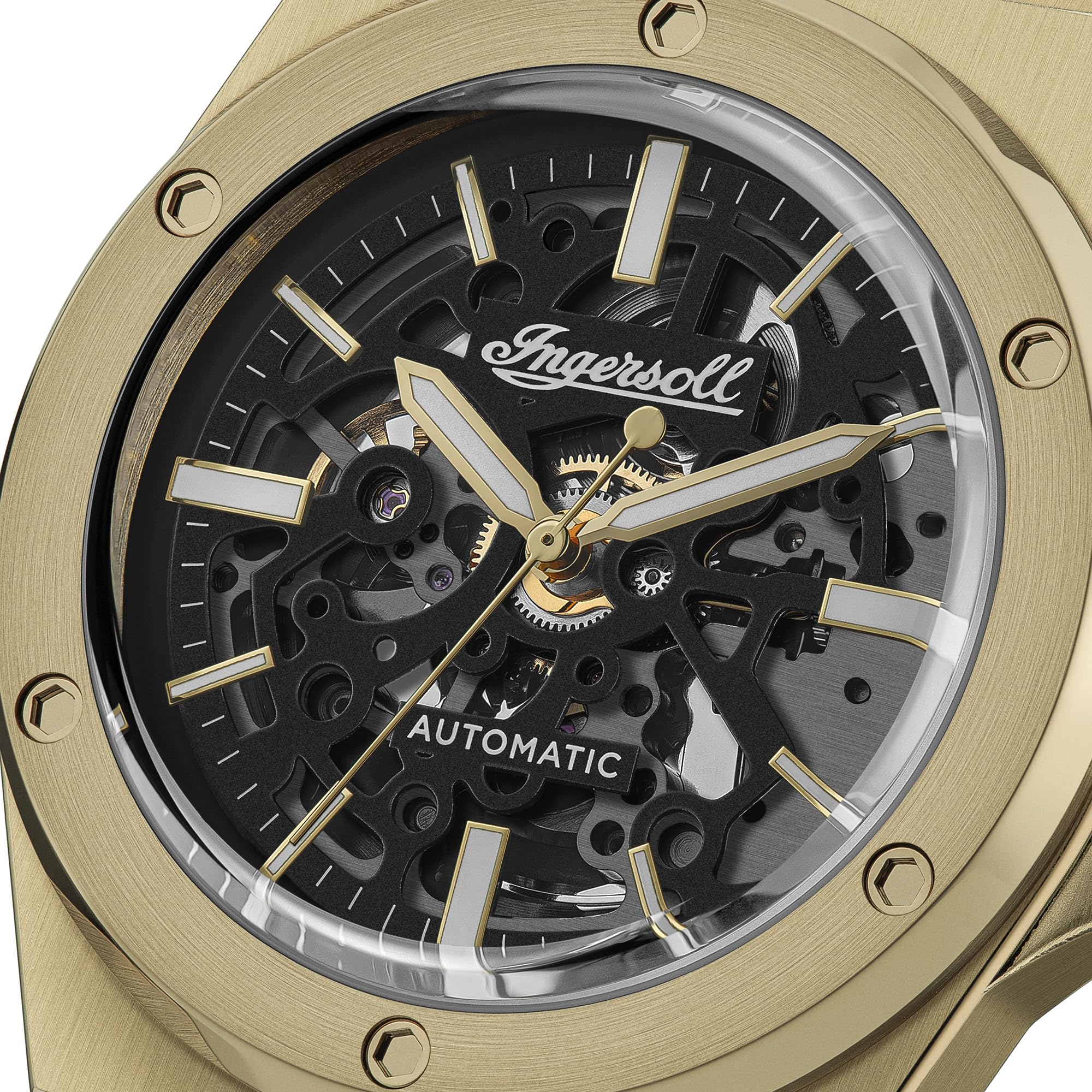 Ingersoll The Baller orologio automatico da uomo da 45 mm con quadrante scheletrato nero e cinturino in acciaio inox dorato