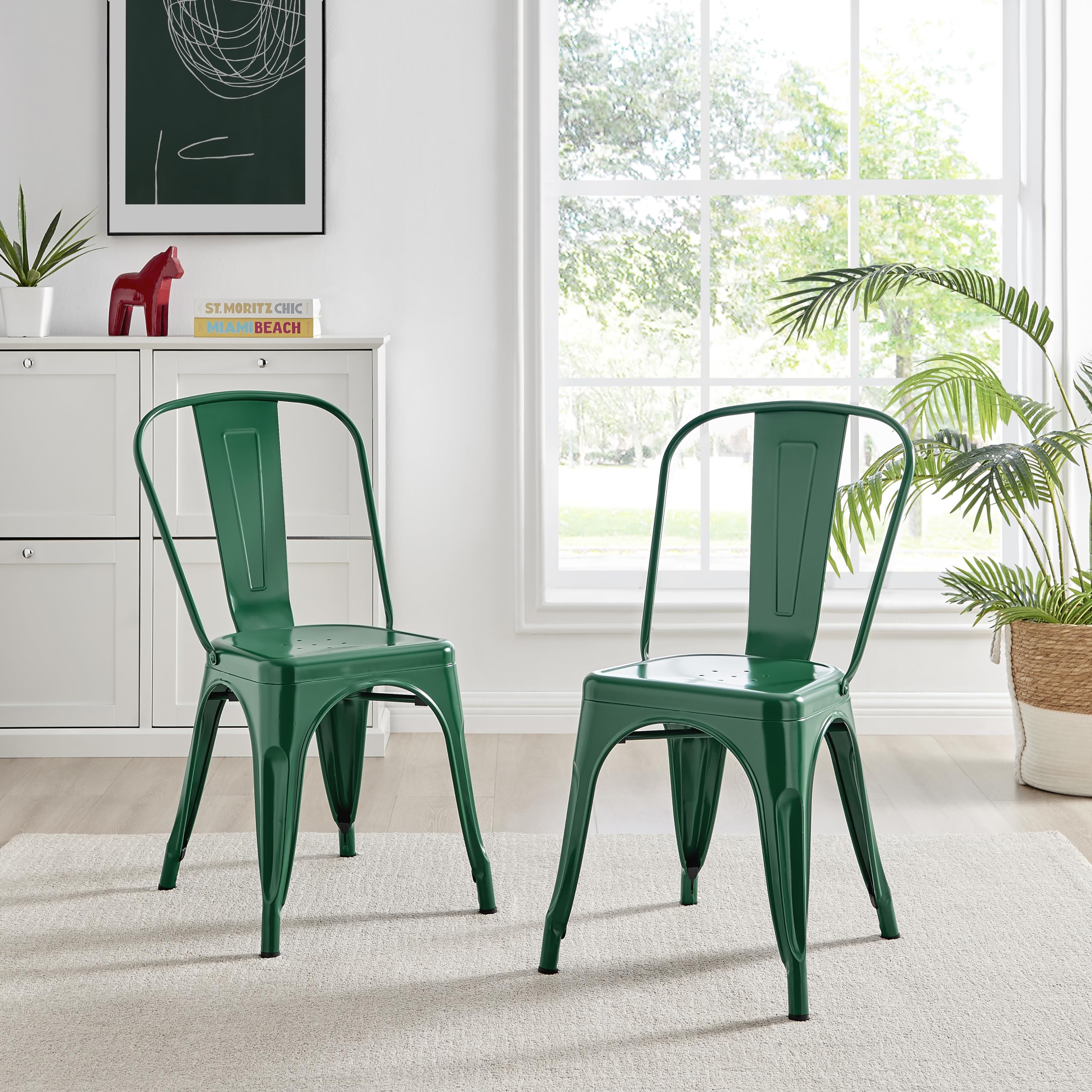 Furniturebox UK Colton 2x Dark Green Metal Dining Chairs for Kitchen Or Dining Room Tolix Inspired Steel Powder Coated Stackable Lightweight Retro Bistro Industrial Dining Furniture Set of 2 Chairs