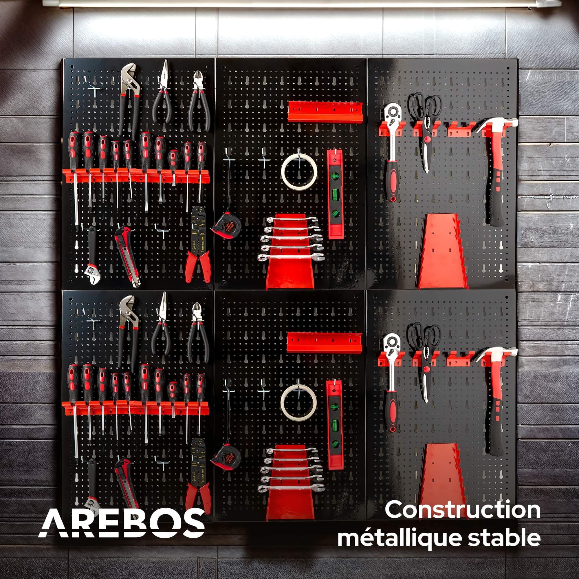 AREBOS Panneau à Outils Mural 6 Pièces | Kit avec 34 Crochets et Supports | 235,2 x 59,5 cm | Mur à Outils en Métal pour Atelier | Matériel de Montage Inclus | Rouge