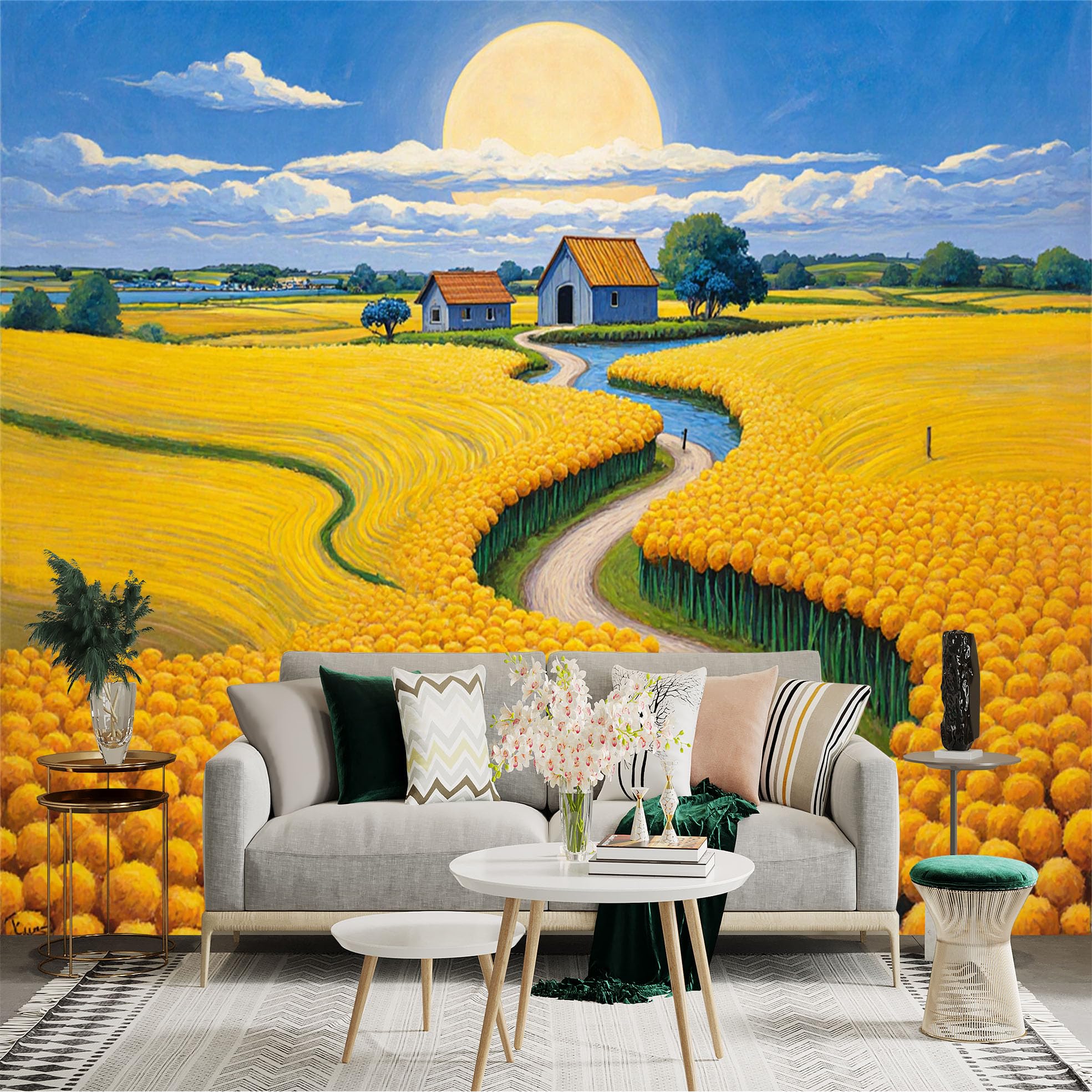 Lnzczhyre Xc260505089 Custom Size Wall Sticker Mural， Yellow Flower Field With Winding Path， Rural Landscape， Full Moon Over Farmhouse， For Wall Decoration， Peelandstick Wall Decals.
