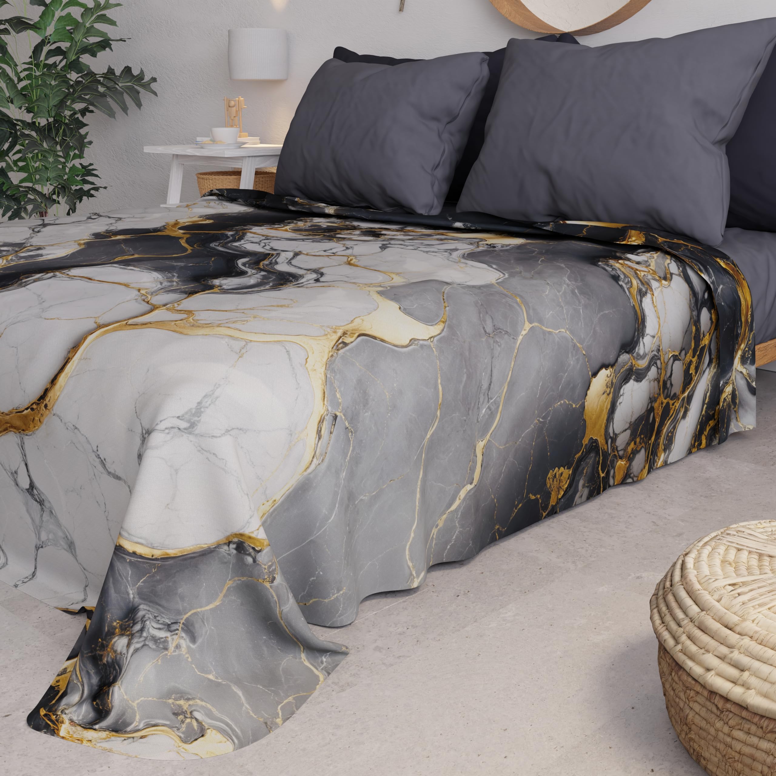PETTI Artigiani Italiani - Couvre-lit 2 Places (260x260 cm) Printemps Été, Parure de Lit Légère Double, Draps de Lit 2 Personnes, Marbre Gris Foncé, 100% Fabriqué en Italie