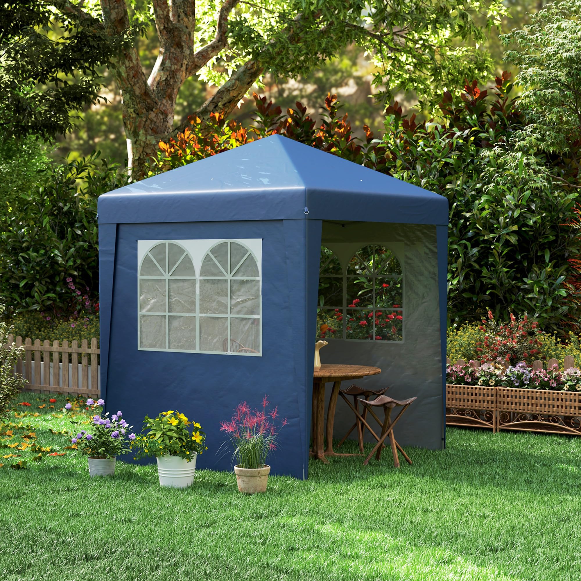 Outsunny Tonnelle de jardin pliante pop-up 2 x 2 m tente de réception hauteur réglable 3 niveaux Anti-UV 30+ 3 parois latérales avec 4 sacs de sable et 1 sac de transport tissu Oxford acier bleu foncé