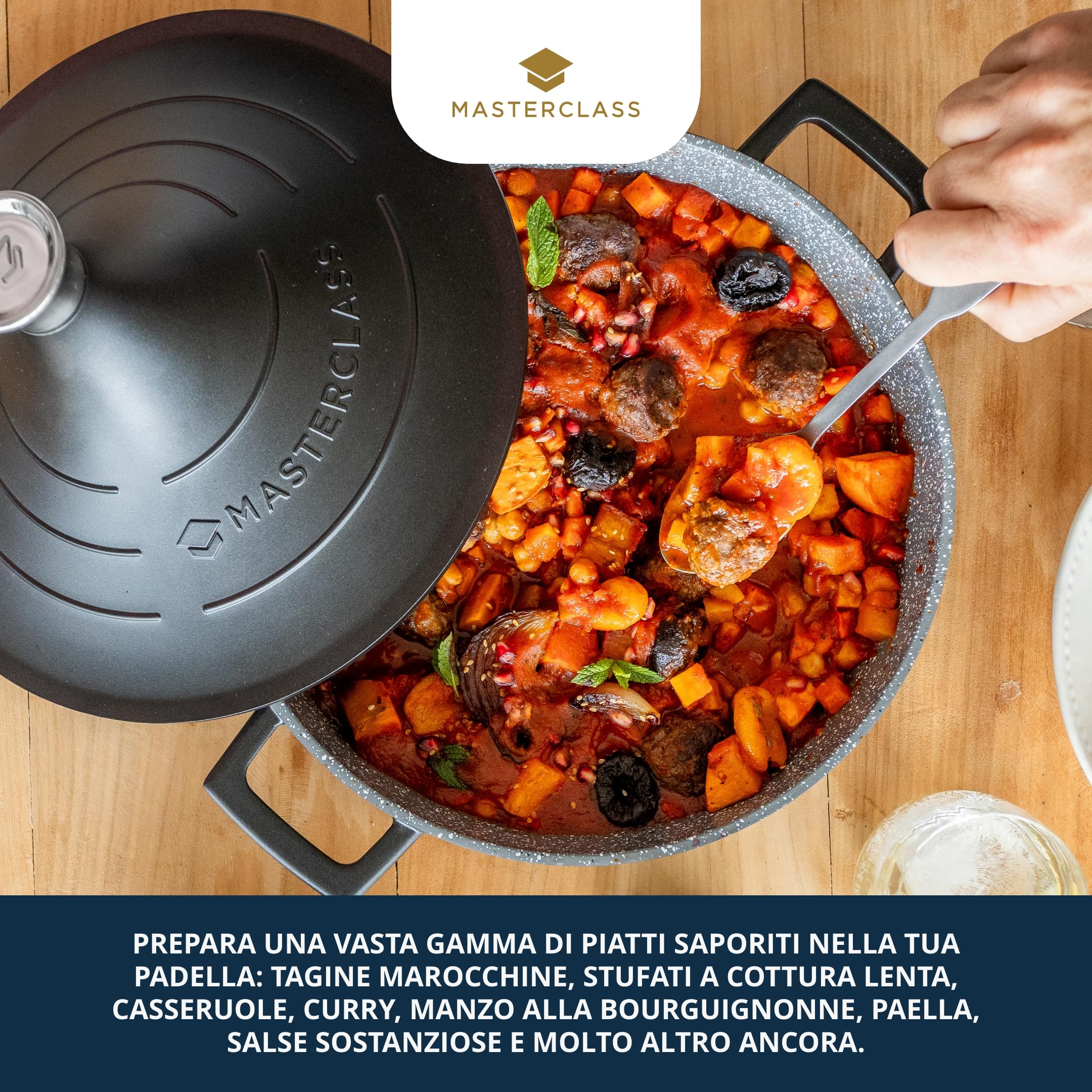 MasterClass - Tajine in alluminio pressofuso con coperchio a cono auto-irrorante, antiaderente, da 4 l, rotonda, per piano cottura anche a induzione e forno, adatta a lavastoviglie, 28 cm, nero