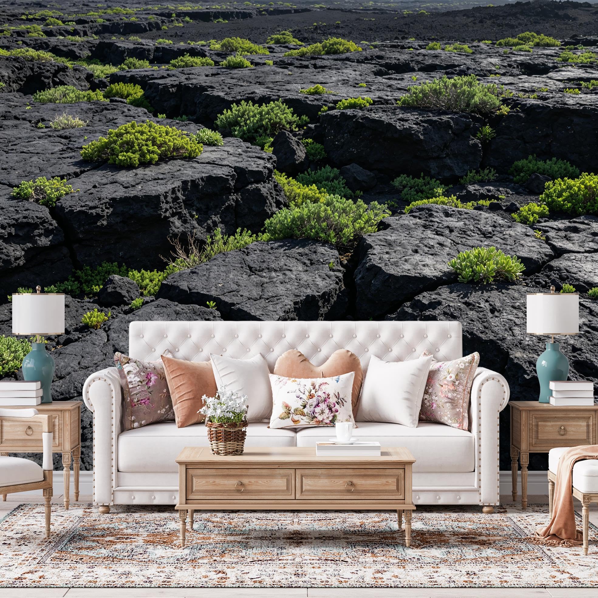 Murale Panoramico in Pietra Lavica Nera, Carta da Parati in Vinile Denso Resistente Impermeabile Autoadesiva per Paesaggi Vulcanici Naturali e Rimosso, 400×280Cm (157×110inch)
