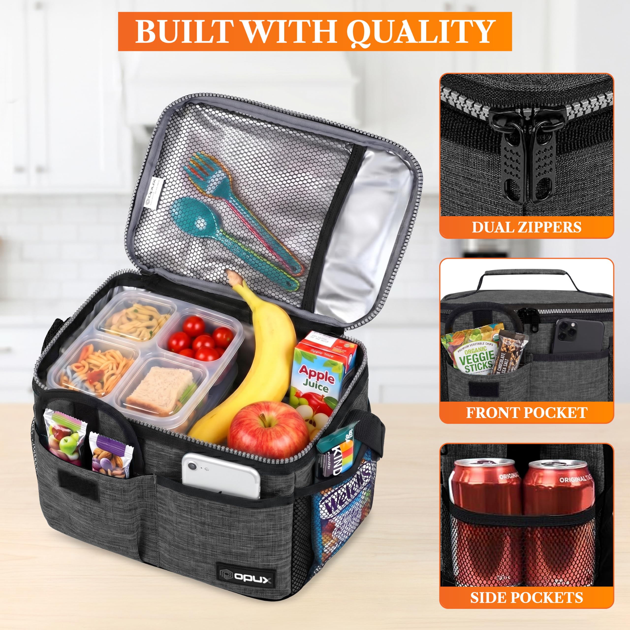 Bolsa térmica OPUX para el almuerzo para adultos hombres mujeres niños y niñas bolsa térmica mediana a prueba de fugas para escuela trabajo oficina almuerzo con correa para el hombro bolsillo