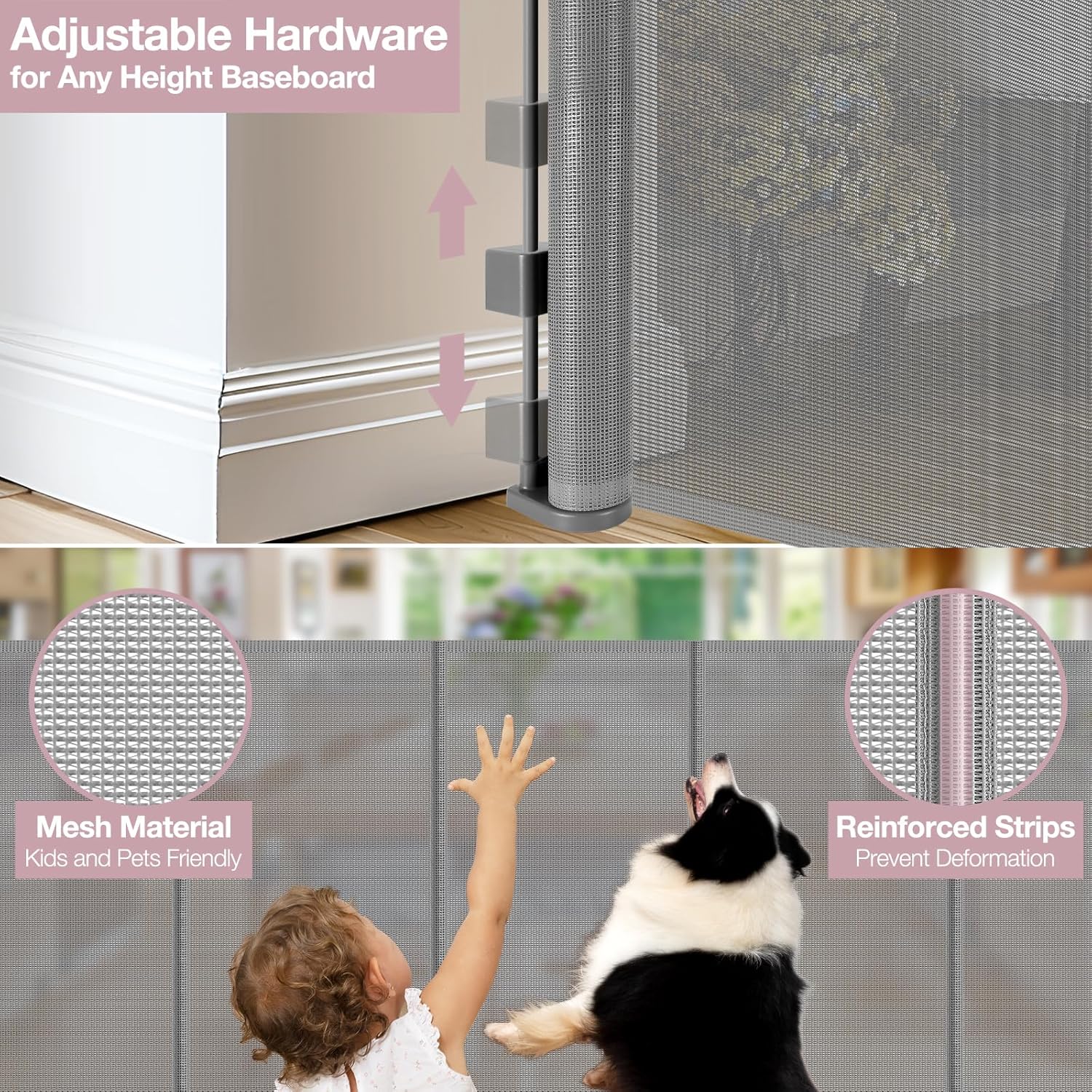 Reinforced 72" Wide Retractable Dog Gate with Support Rods - Prevent Crawling Under Extra Wide Baby Gate Retractable Gate Outdoor, Retractable Pet Gate Long Dog Gate, Mesh Gates for Kids or Pets, Gray