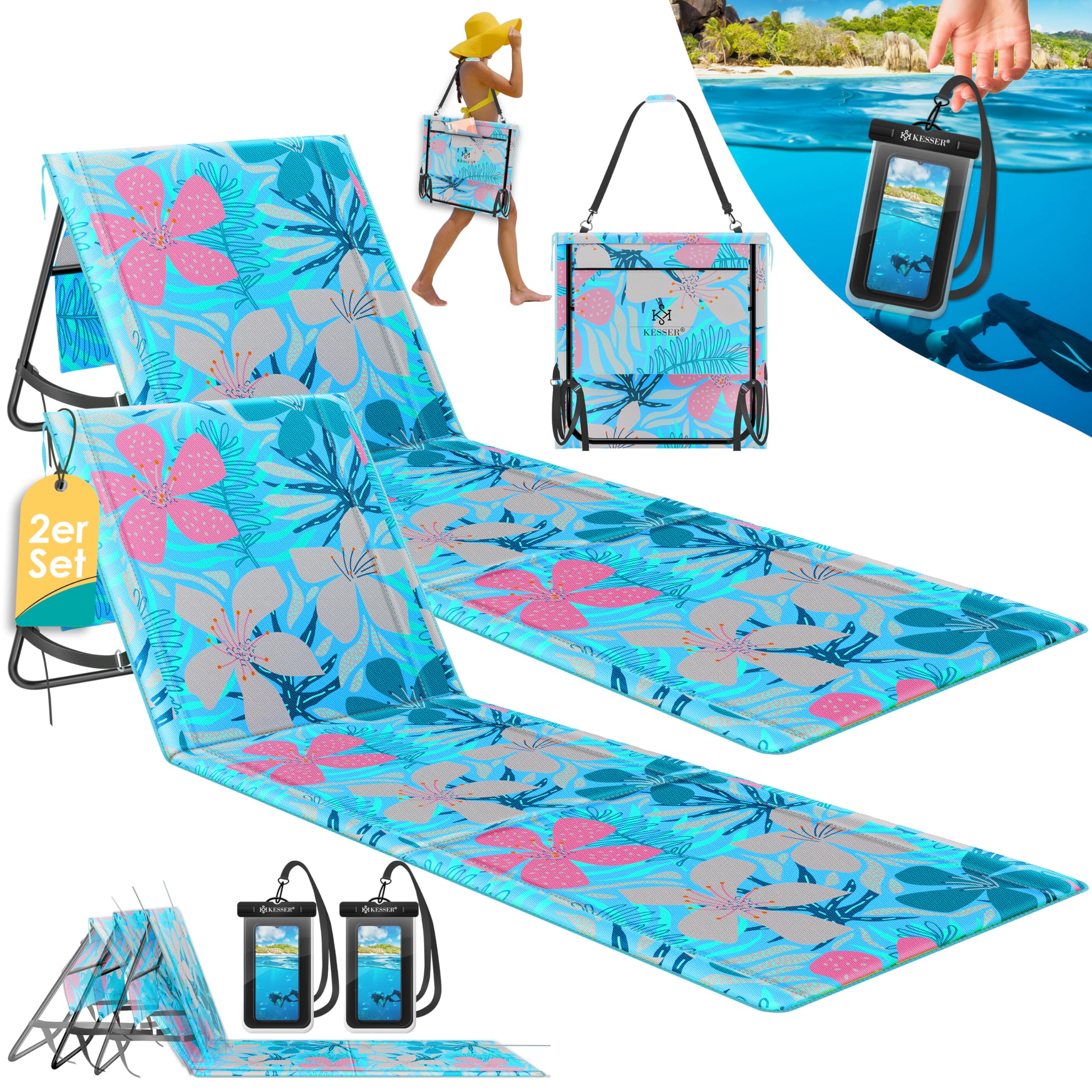 KESSER® 2er Set Strandmatte klappbar mit Verstellbarer Rückenlehne, Tragegurt, wasserdichter Tasche & Aufbewahrung – Faltbare Sonnenliege für Strand, Garten & Terrasse je 130 kg belastbar