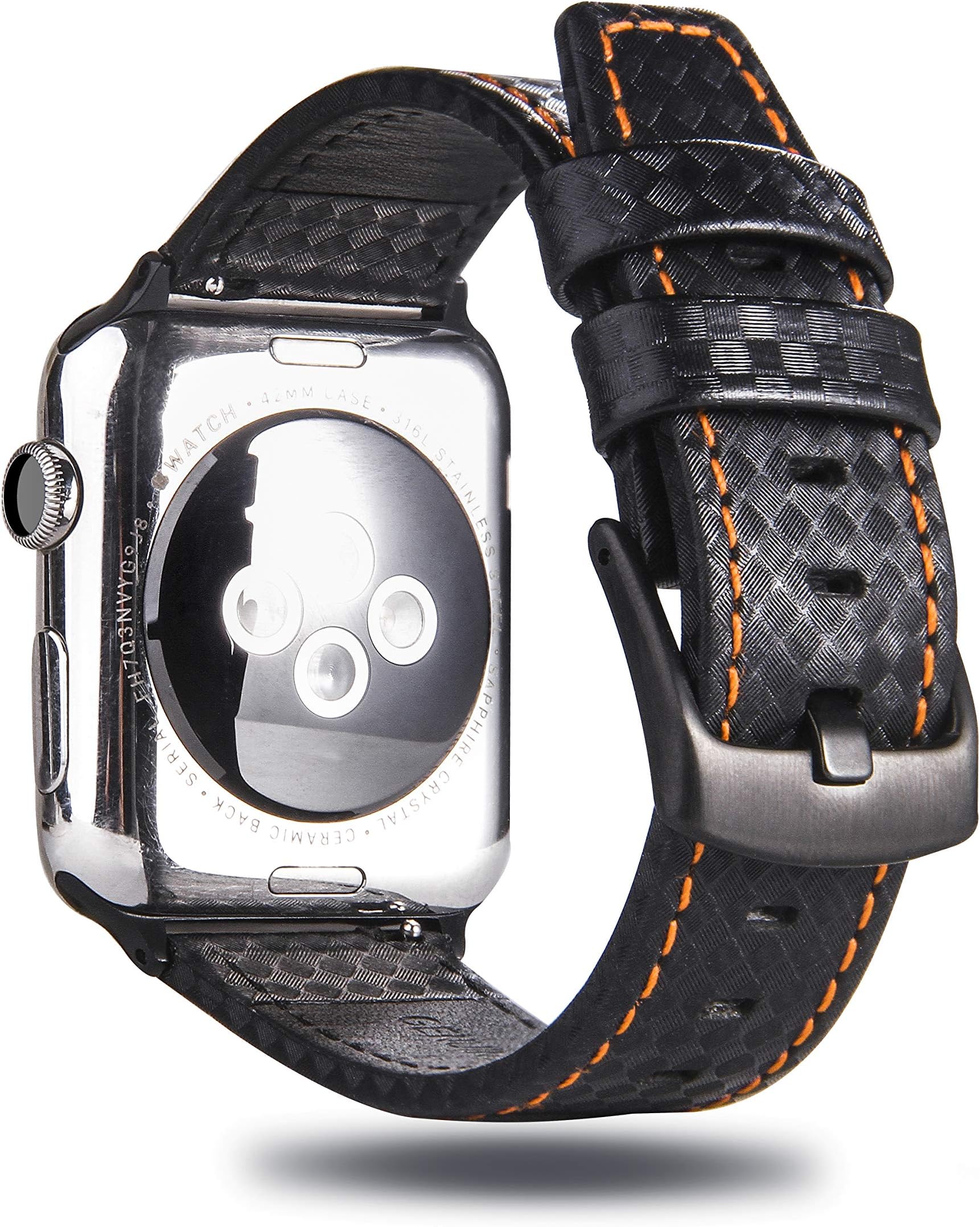 MeShow 44mm 42mm Genuine Leather Carbon Fiber Embossed Pattern with Stitching Strap Wrist Band with Secure Metal Clasp Buckle Compatible for Apple Watch Series 6/5/4(44mm)/Series 3/2/1