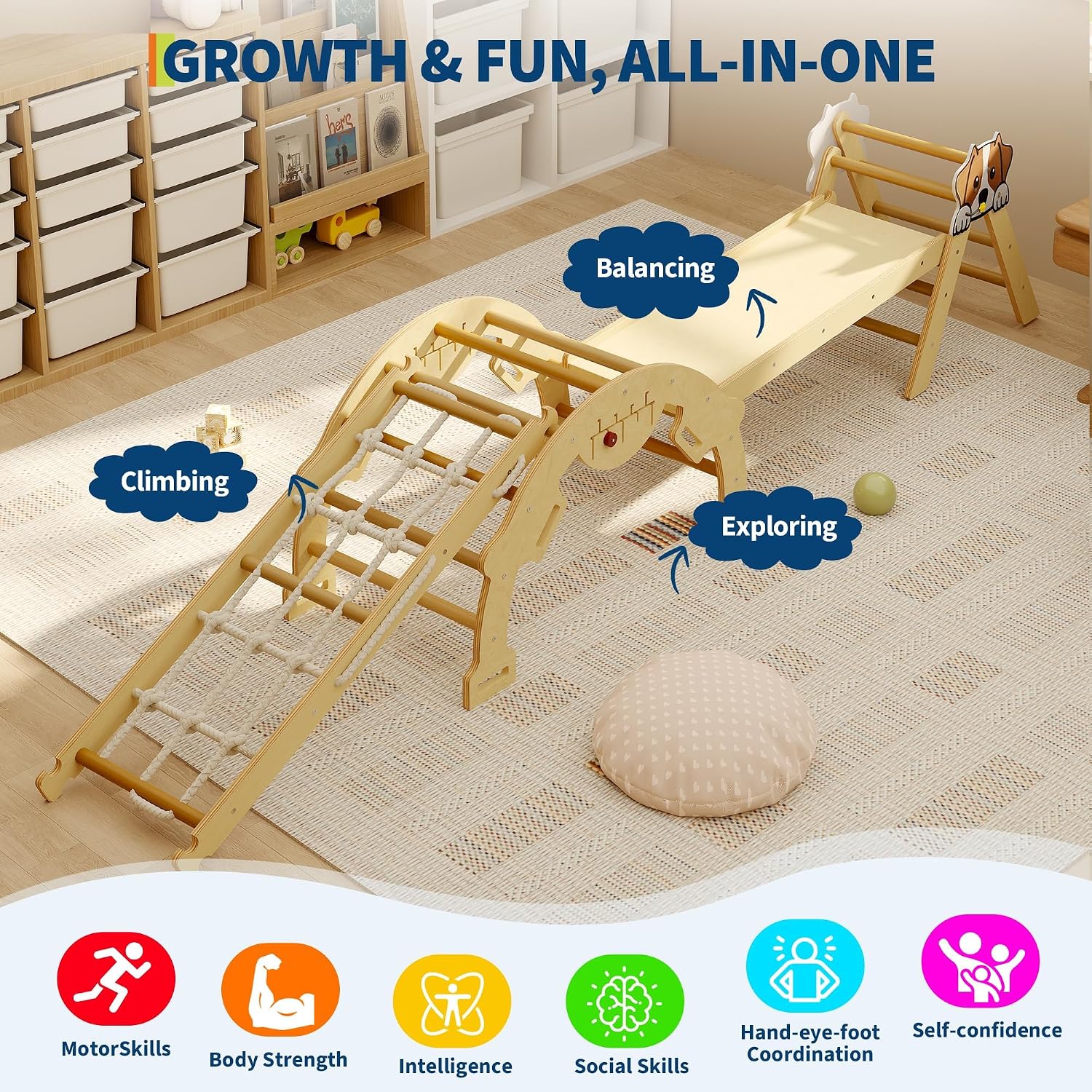 4 in 1 Toddler Climbing Toys Indoor with Ramp, Arch and Ladder, Pikler Triangle Set with Wood Construction，Montessori Climbing Set for Toddlers 1-3，Baby, Kids
