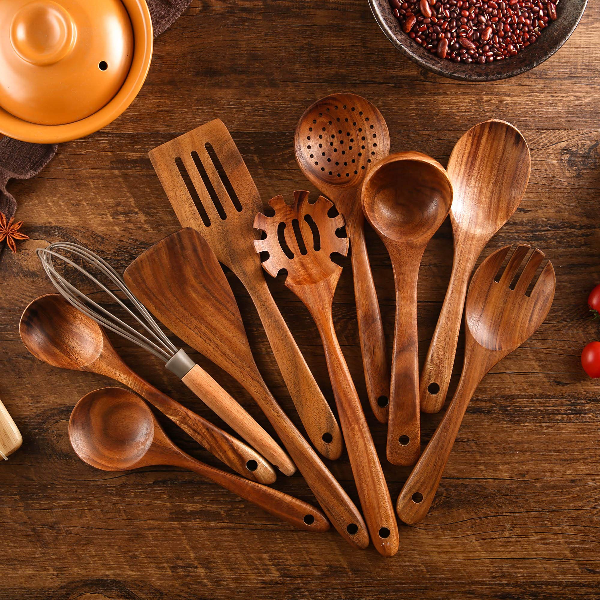 Holzutensilien zum Kochen, 10 Stück, Teakholz Kochlöffel und Spatel zum Kochen, inklusive Löffel, Schöpflöffel, Gabel (10)