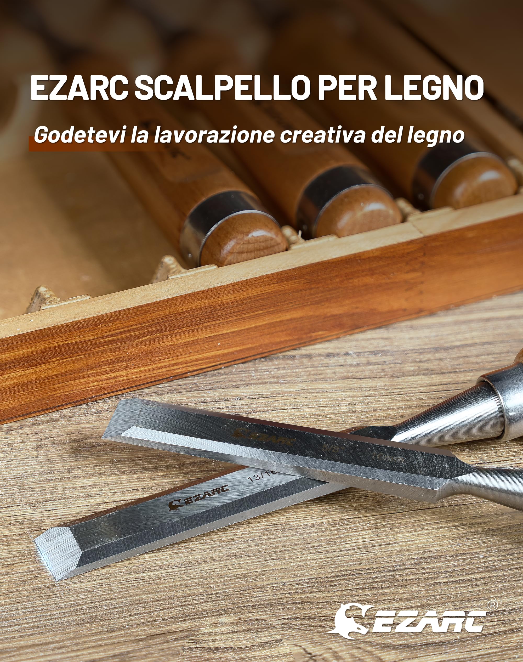 EZARC Set di Scalpelli per Legno Professionali, Set di 6 Scalpelli con Custodia in Legno Per Intaglio del Legno, Carpenteria, Rifilatura dei Bordi