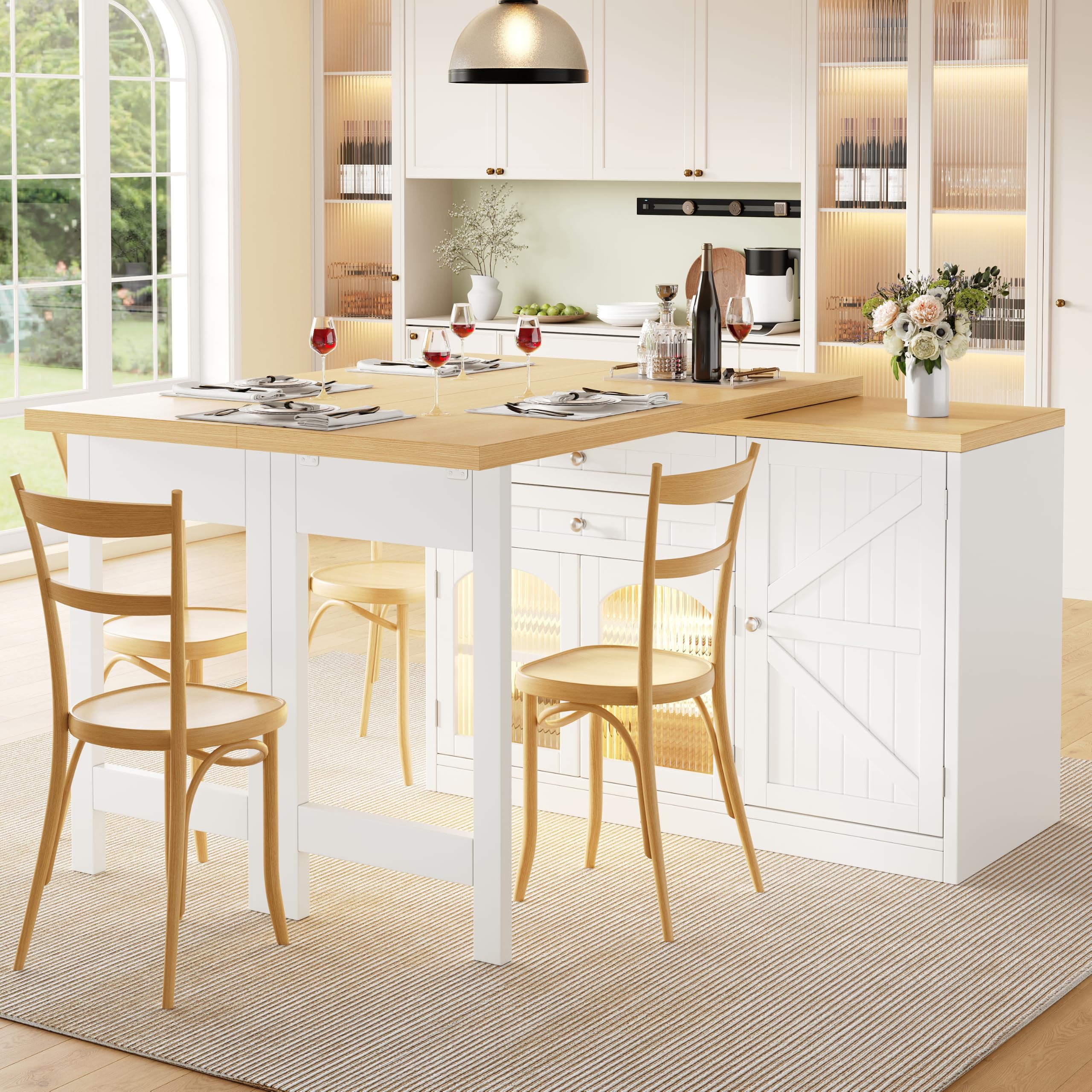 Merax 360° swivelling Dining Bar table Kitchen island, with white storage cabinet with LED Lights, glass doors, drawers & door snack shelves and Folding extending table-40-80X120CM — image 1