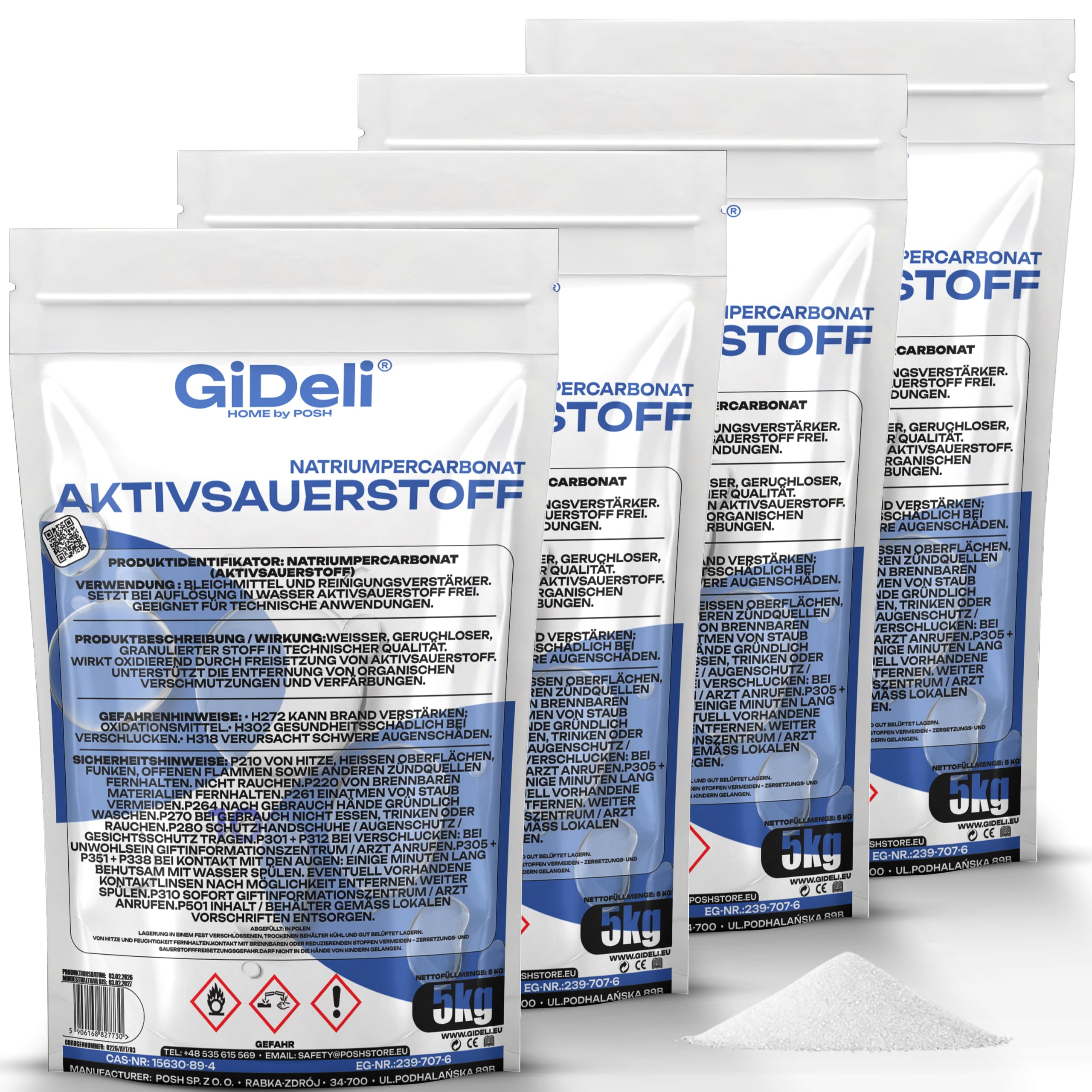 GiDeli Detergente a ossigeno attivo e smacchiatore, 4 x 5 kg, detergente ossido senza cloro contro macchie ostinate e scolorimenti, intensificatore di lavaggio inodore per capi bianchi e colorati