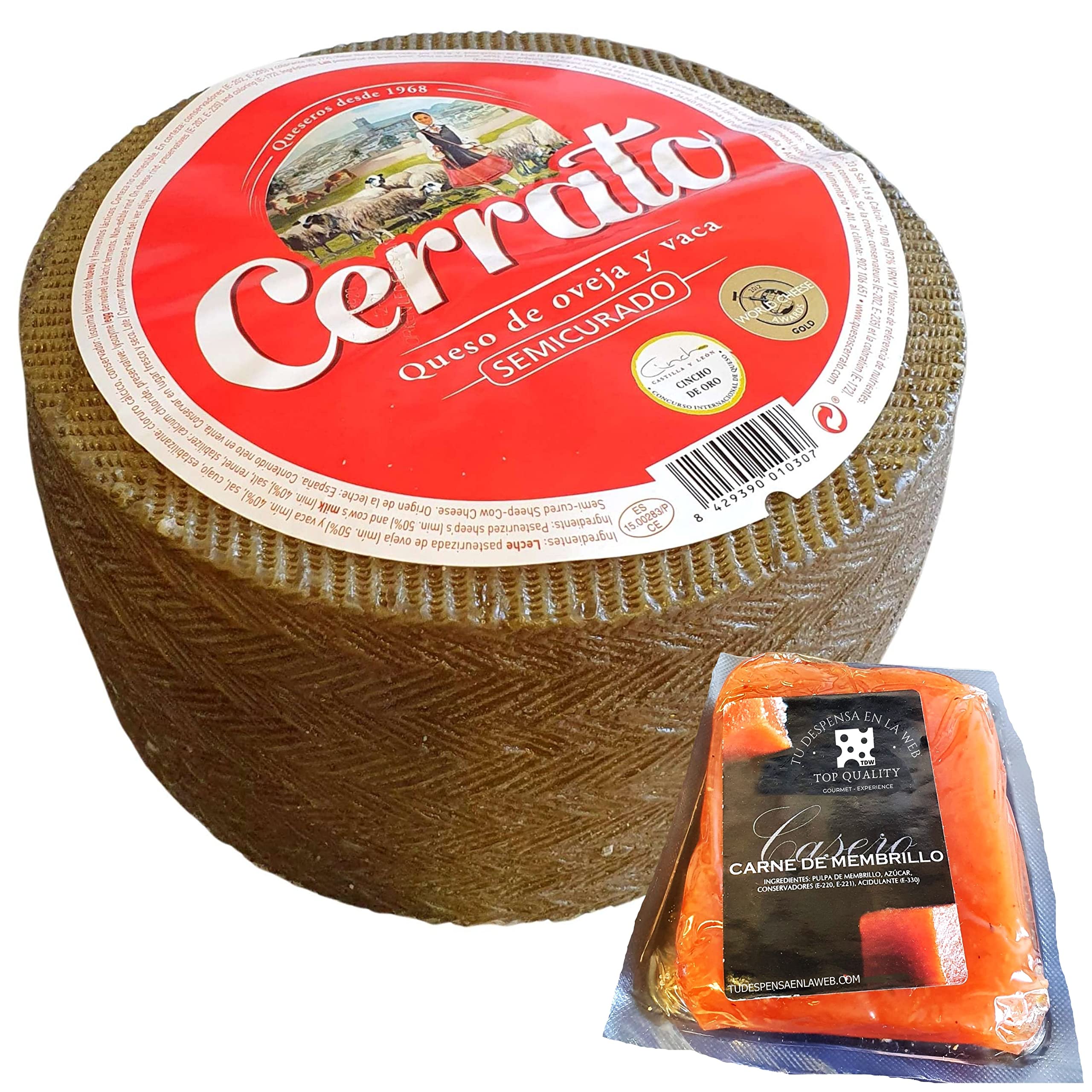 Queso Semicurado Cerrato - Queso Peso Aproximado 2800 gramos - Cerrato Pastora Oveja Vaca - Queso Semicurado con Membrillo TDW (Queso Completo con Membrillo)