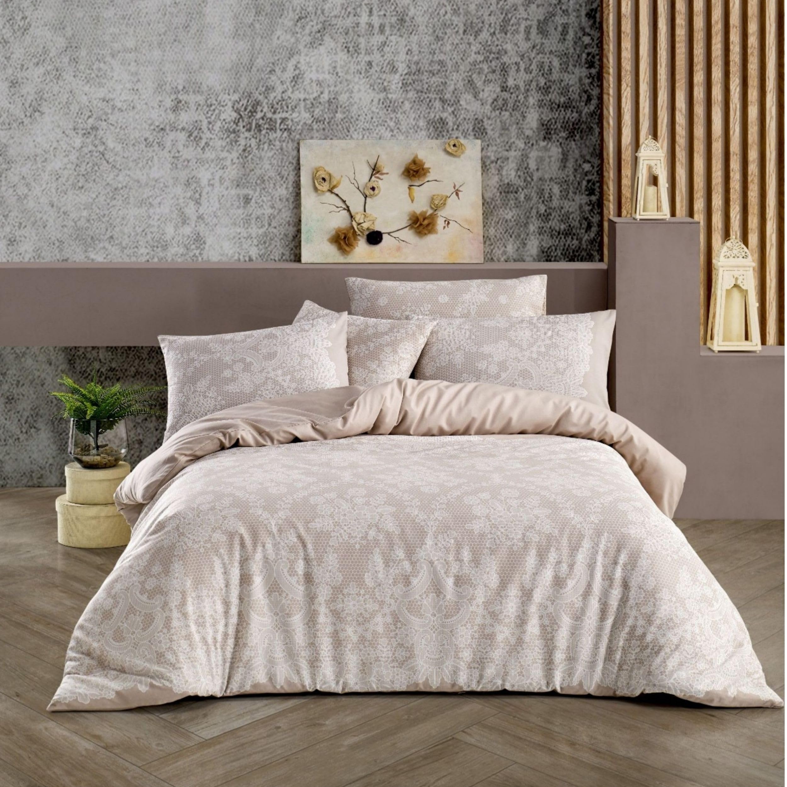 Bettwäsche 155x220 cm 4-teilig – Beige Creme Bettbezug mit Elegantem Spitzen & Ornament Muster – 2x Bettbezüge 155x220 + 2x Kissenbezüge 80x80 – Renforcé Baumwolle – Ganzjahresbettwäsche, Ornella