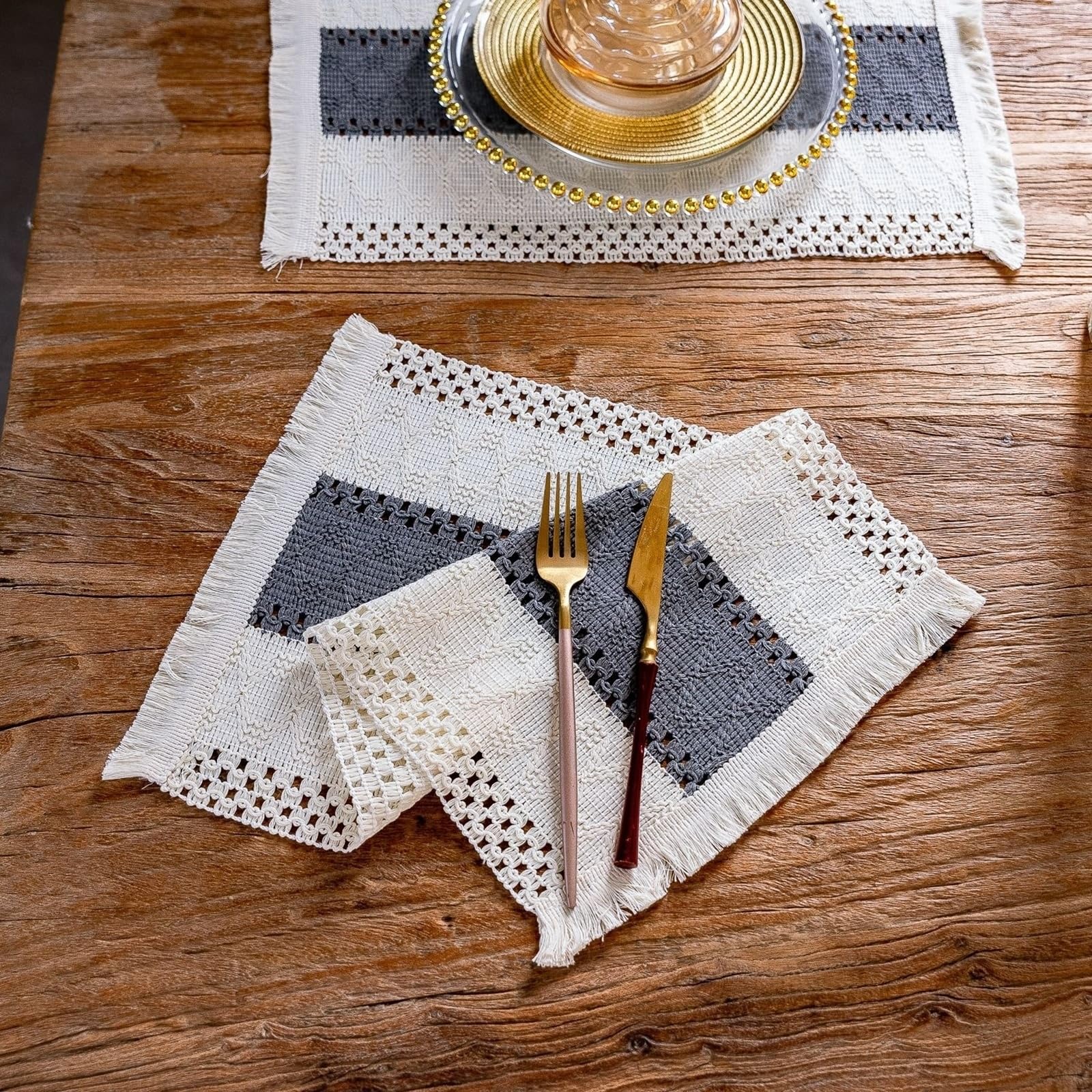 Placemat - Juego de 6 manteles individuales (30 x 50 cm), diseño de rayas, color beige y gris