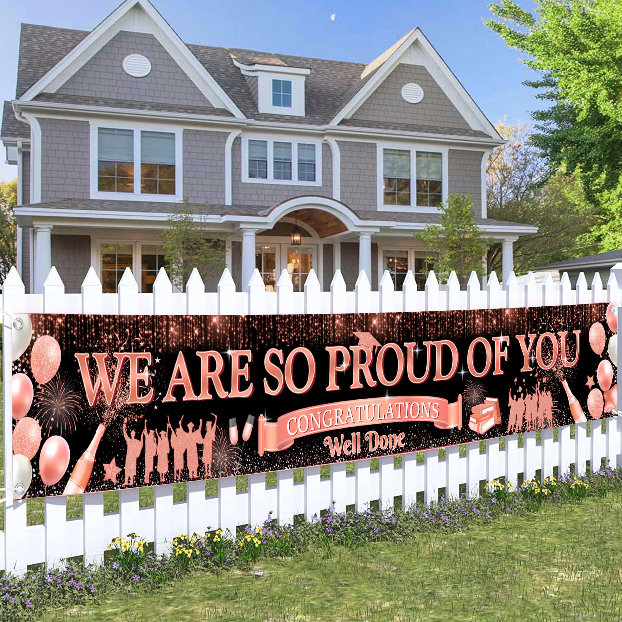 Flerramao Congratulations Banner Graduation Decorations - We Are So Proud of You Black Rose Gold Yard Banner, Well Done Hanging Sign for Indoor Outdoor Decoration 300 x 50 cm