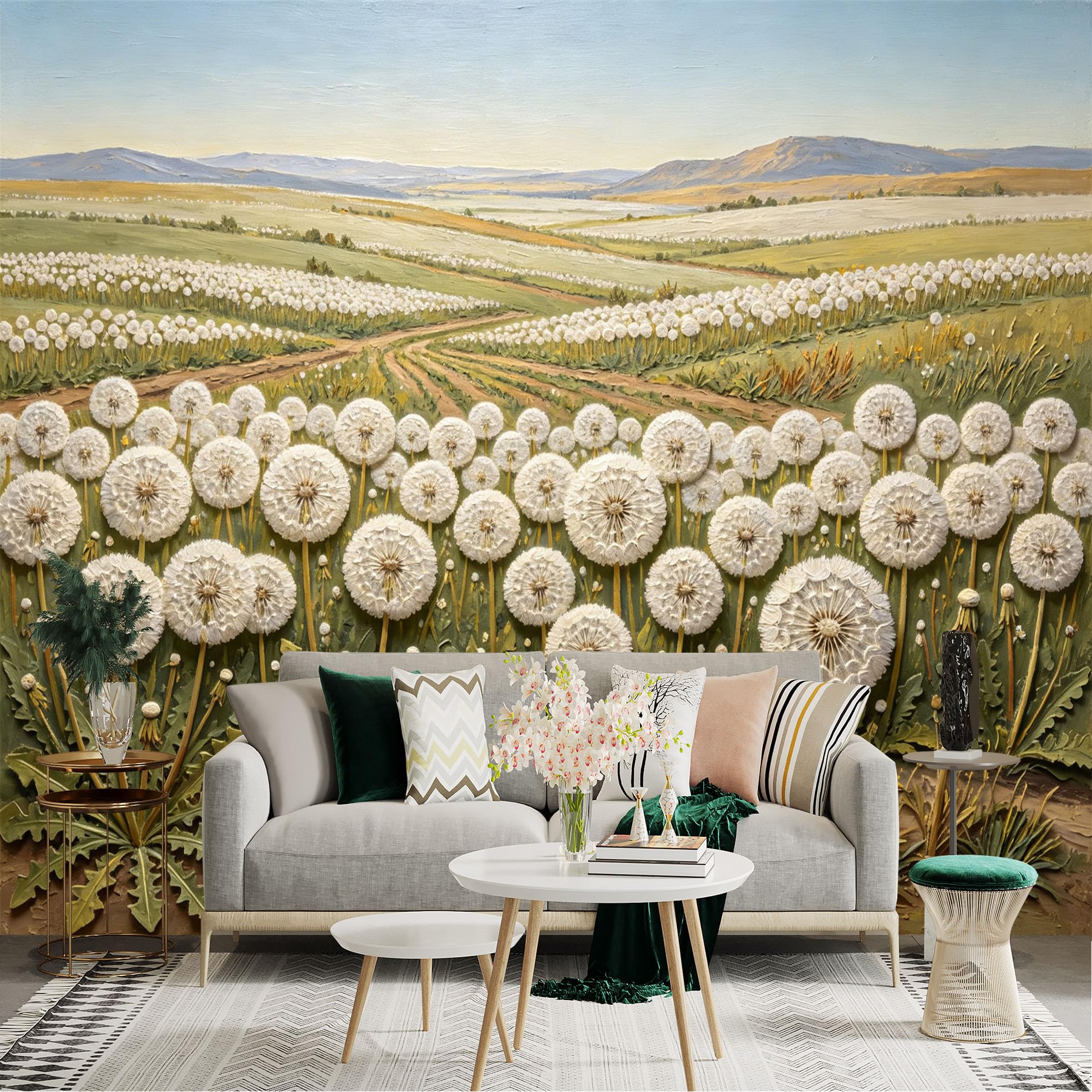Lnzczhyre Dbh260521687 Custom Size Wall Sticker Mural， White Dandelion Field， Nature Meadow Landscape， Rural Pastoral Scenery， For Wall Decoration， Peelandstick Wall Decals.