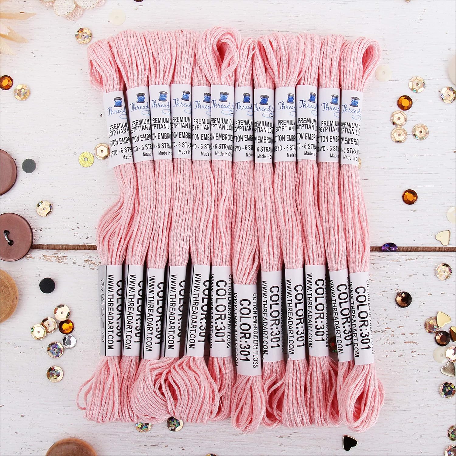 12 Skeins ThreadArt Premium Egyptian Long Fiber Cotton Embroidery Floss | Very Light Pink | 6 Strand Divisible Thread 8.75yds Each for Hand Embroidery, Friendship Bracelets, Cross Stitch and Crafts