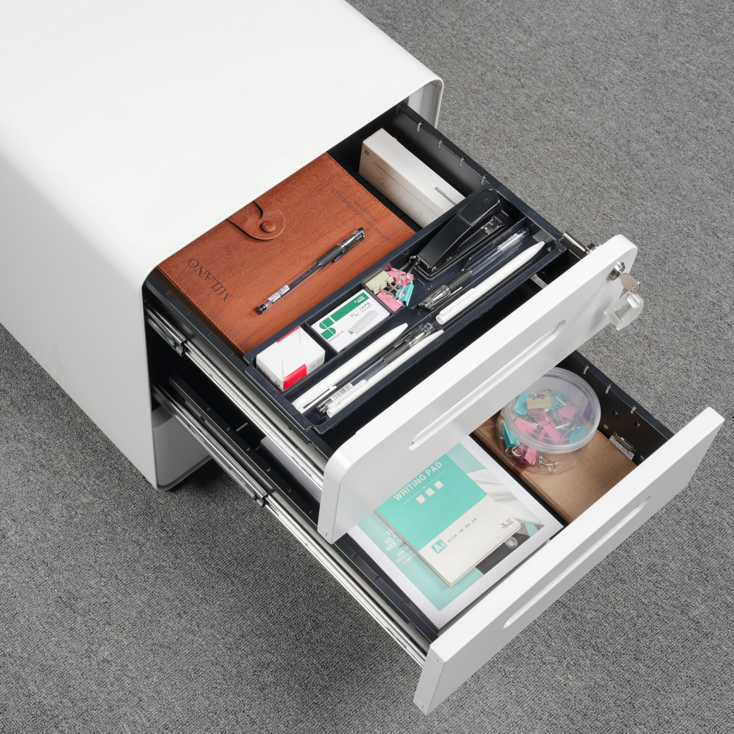 Cassettiera per Ufficio con 3 Cassetti, Design con Angoli Arrotondati, Schedario da Ufficio Bloccabile, Completamente Assemblata, Bianco