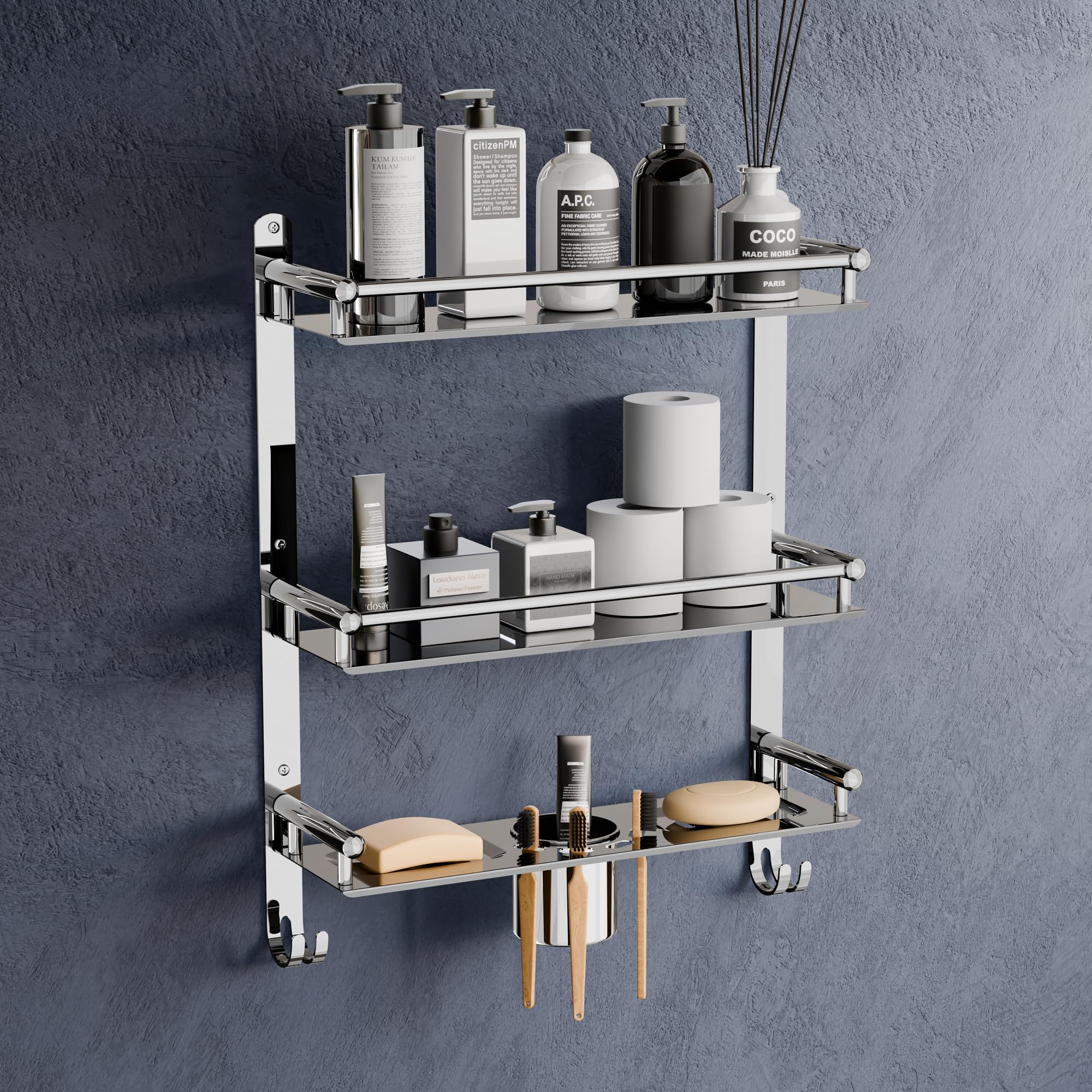Space Saving Stainless Steel Organiser Bathroom Shelf Rack | 3-Tier Bathroom Accessories with Towel Holder, Dual Hooks, Soap Dish, Toothbrush Holder | Wall Mounted Organizer for Modern Bathroom-image-13