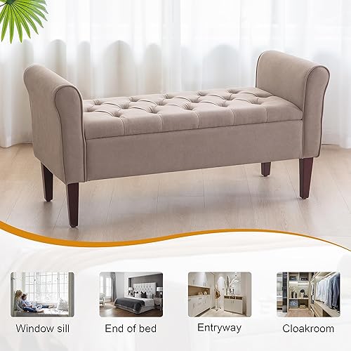 Miniatura 17 de HUIMO Banco de almacenamiento de 48 pulgadas, otomana de almacenamiento con brazos con patas de madera maciza de 7.5 pulgadas, banco de pie de cama