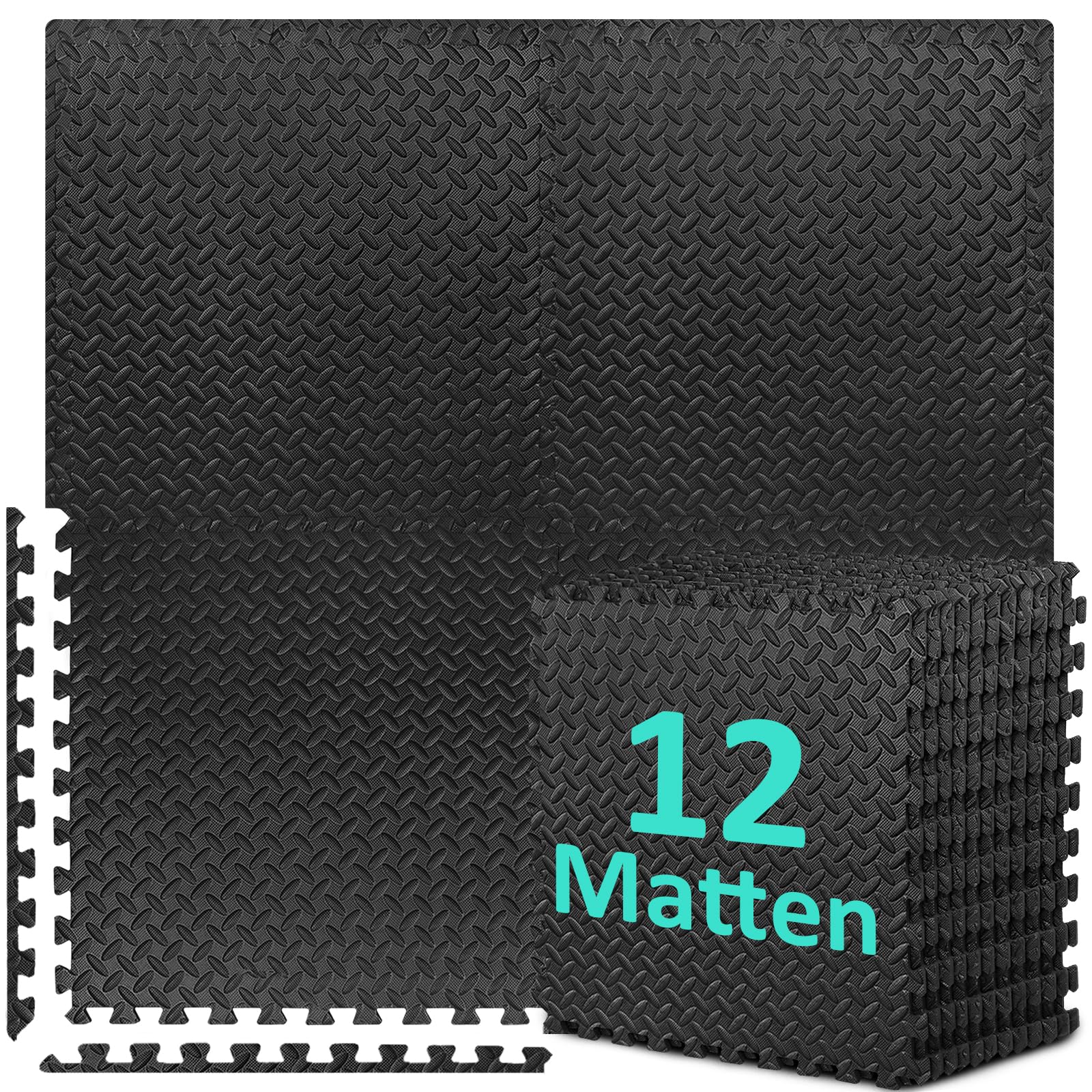 Bodenschutzmatte Fitness Set [61 x 61cm], 12/24/48 Puzzlematte, Eva Sportmatte Fitnessmatte rutschfest, Gymnastikmatte Dicke 10mm, Bodenmatte für Fitnessgerät&Fitnessraum