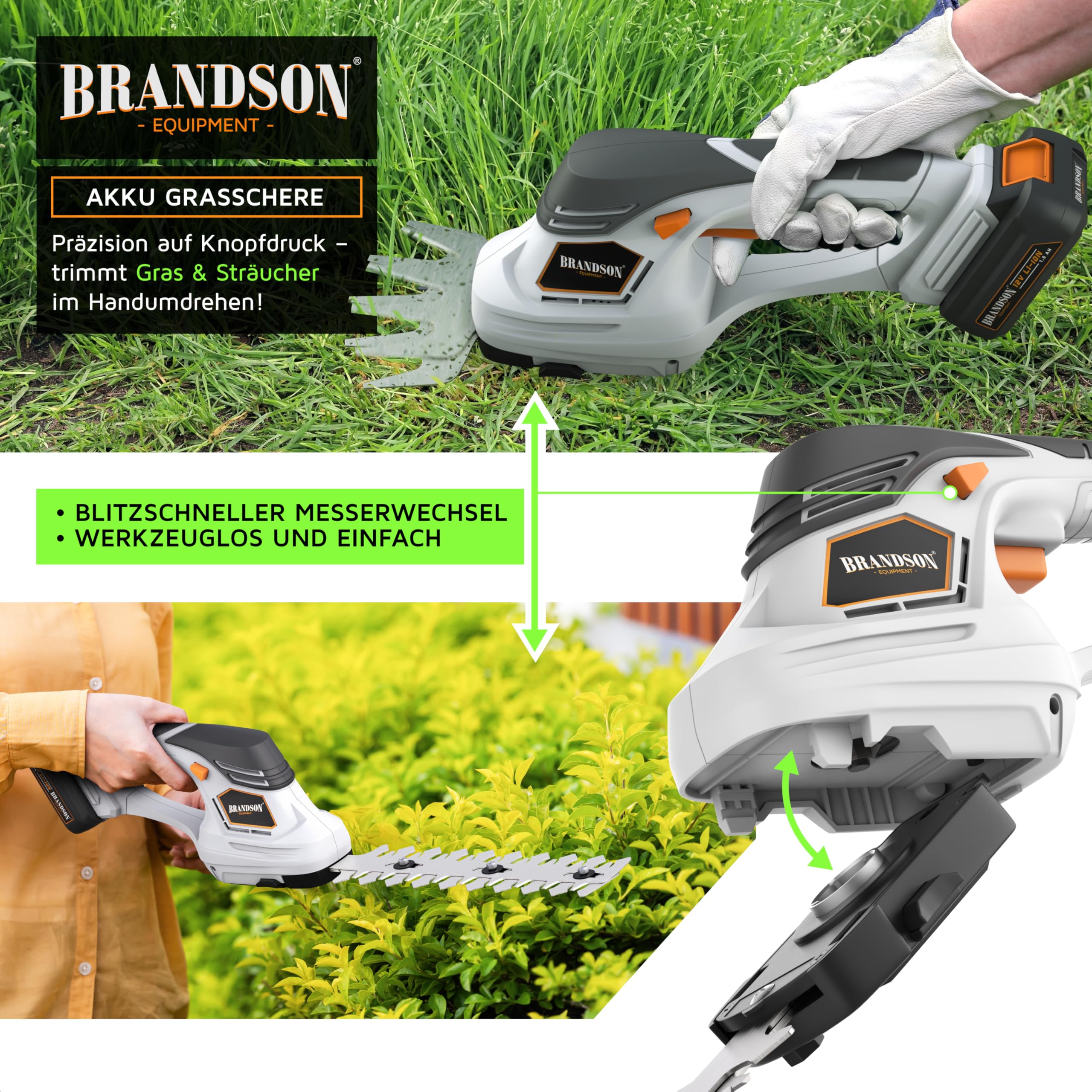 Brandson - Grasschere mit Akku - kabellose Strauch und Heckenschere - elektrischer Rasenkantenschneider – Aufsätze zum Wechsel - 12mAh Akku und Ladegerät inklusive