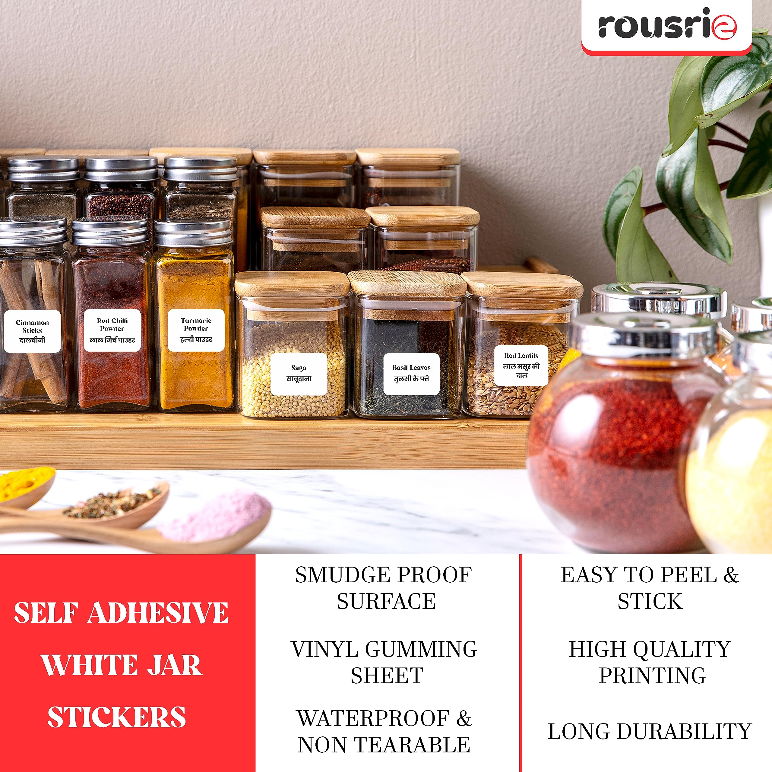 ROUSRIE Pack of 150 Waterproof Printed White Mason Jars Labels Kitchen Pantry Spice Jars Glass Bottles – Best Stickers & Organizing Label